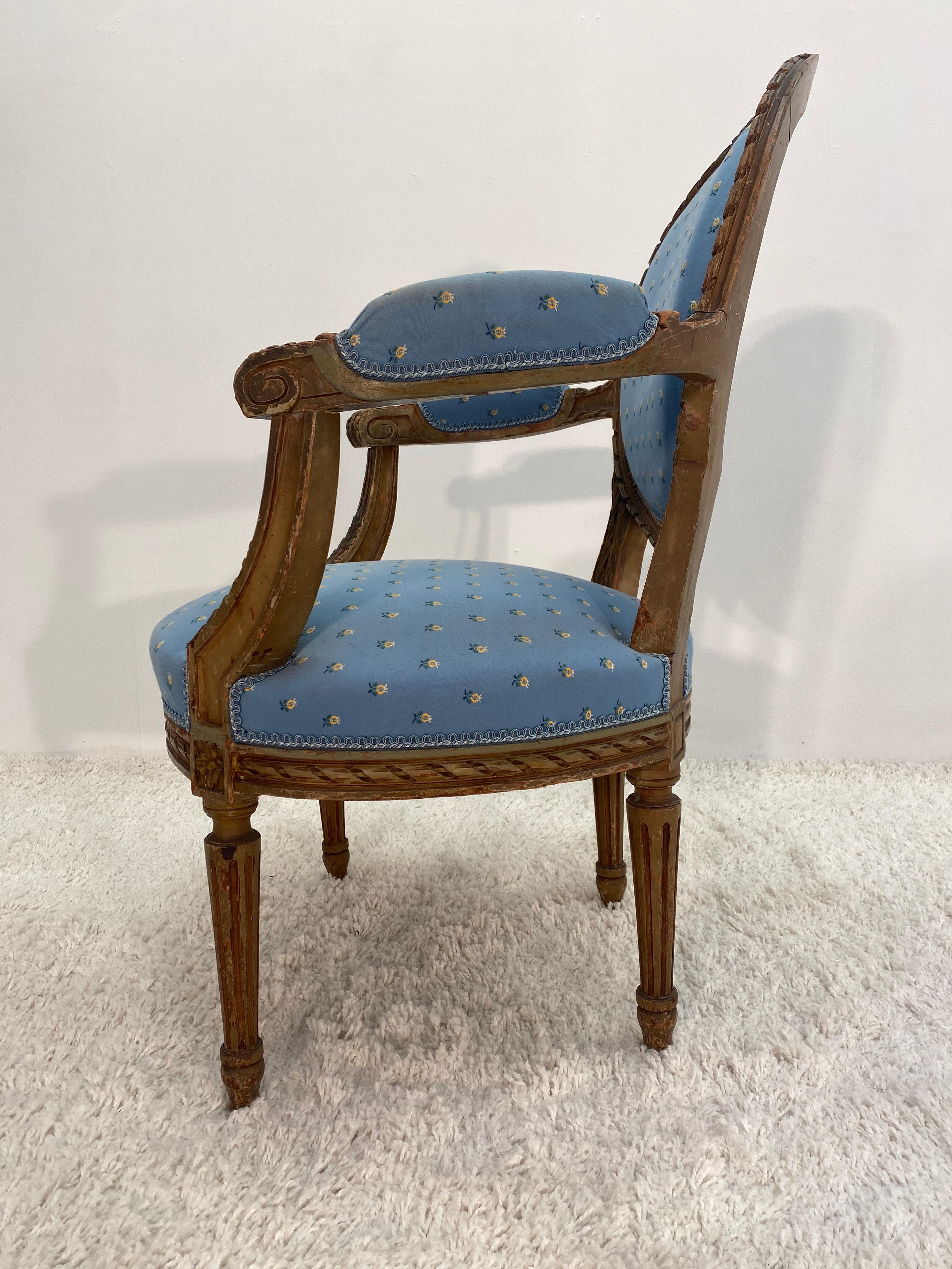 Painted 19th Century French Louis XVI Style Fauteuil Arm Chair In Good Condition For Sale In Nashville, TN