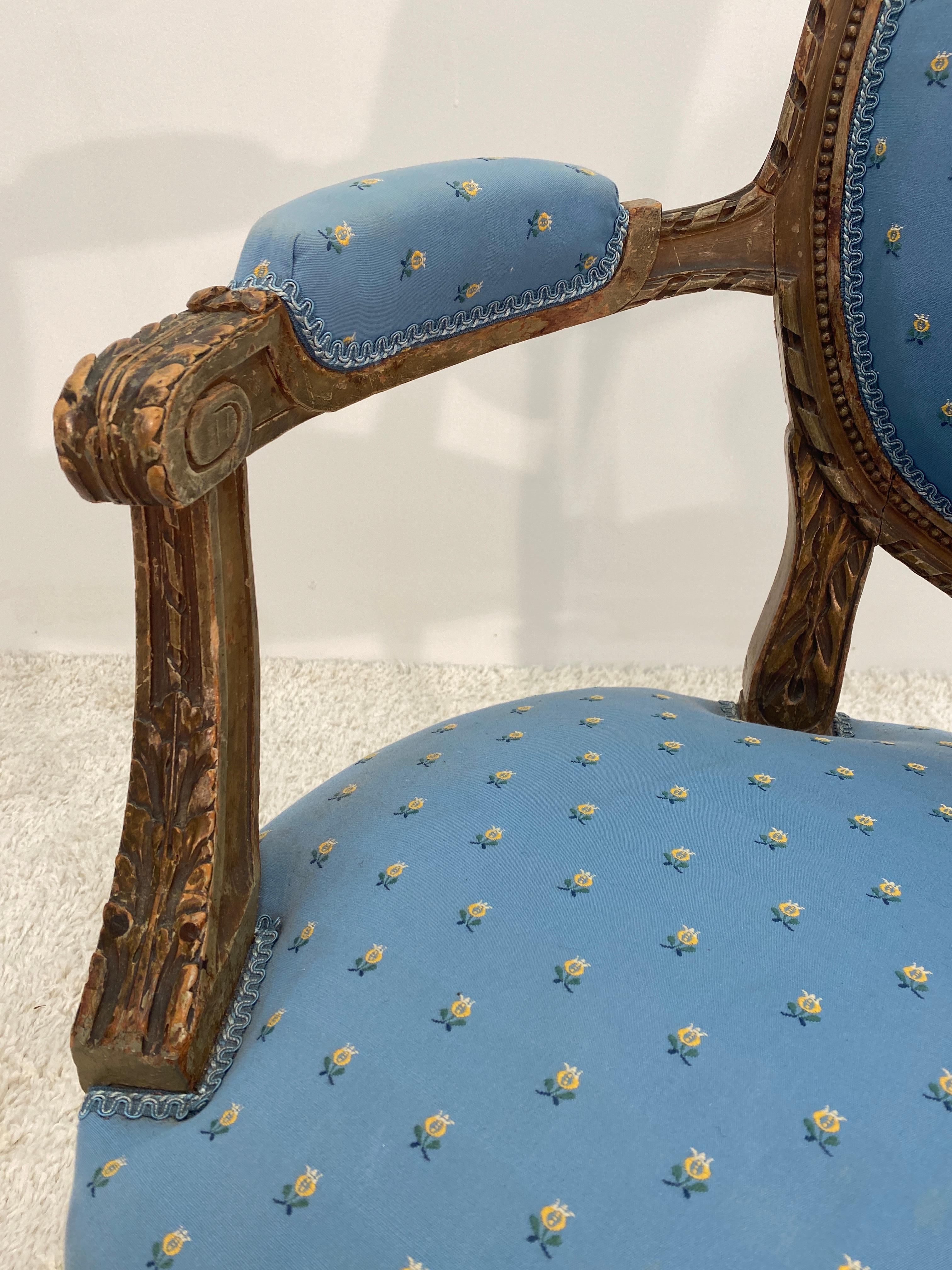 Walnut Painted 19th Century French Louis XVI Style Fauteuil Arm Chair For Sale