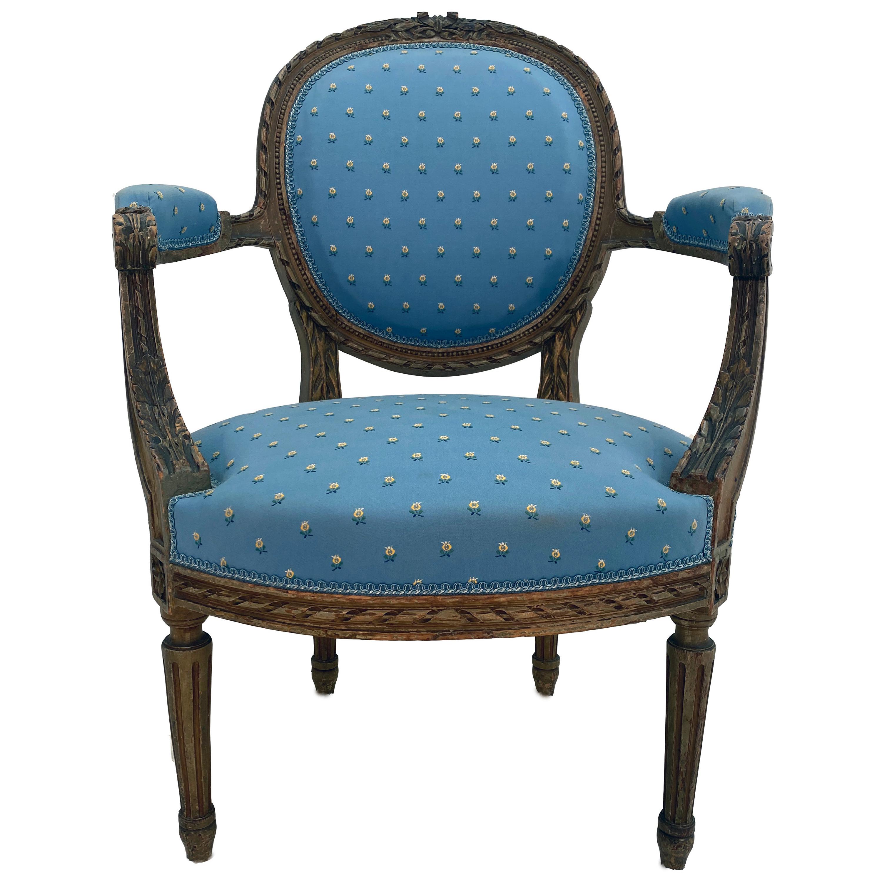 Painted 19th Century French Louis XVI Style Fauteuil Arm Chair