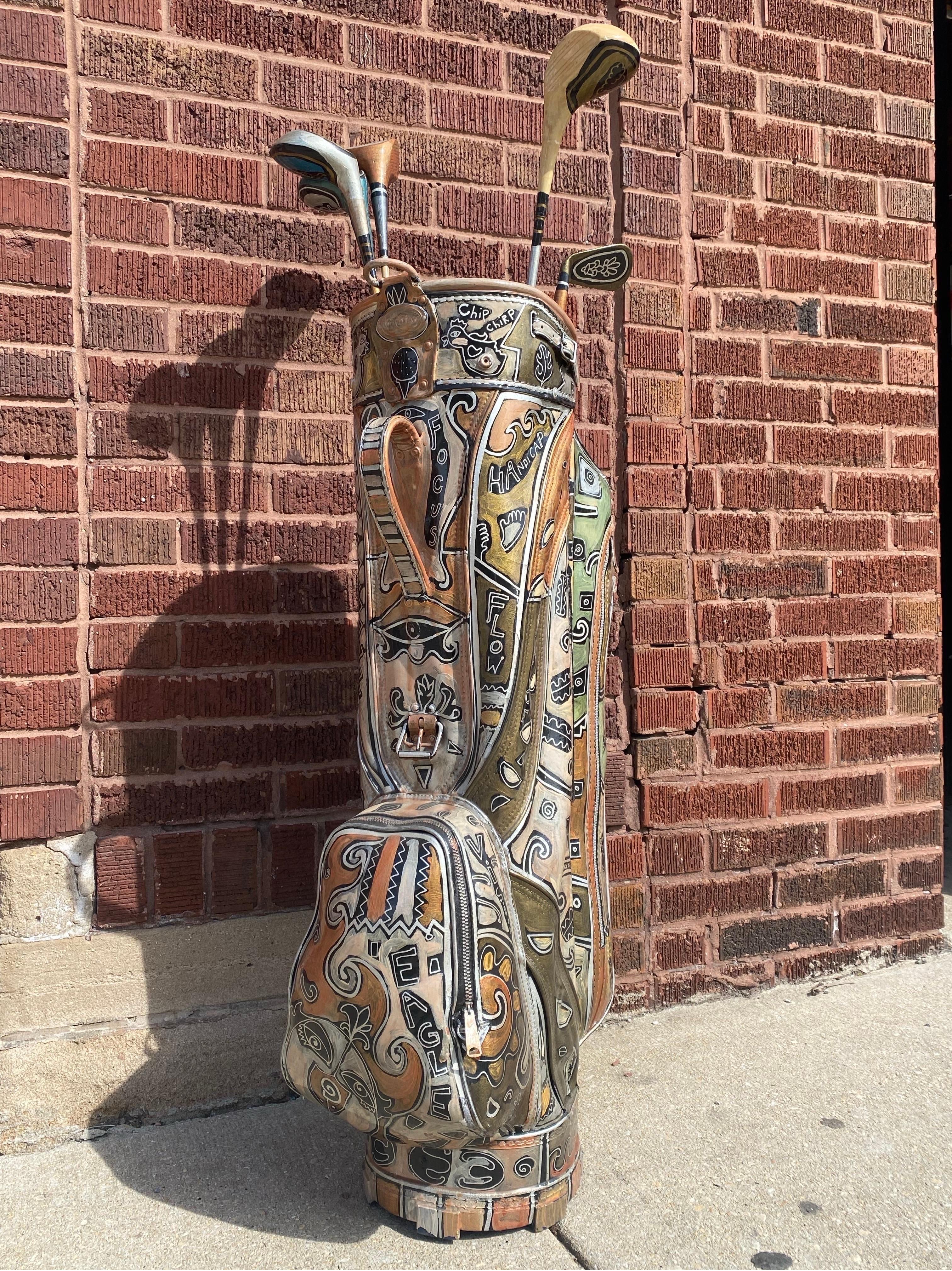 Folk Art Painted Ajay Golf Bag & 4 Painted Golf Clubs signed by Rokoko For Sale