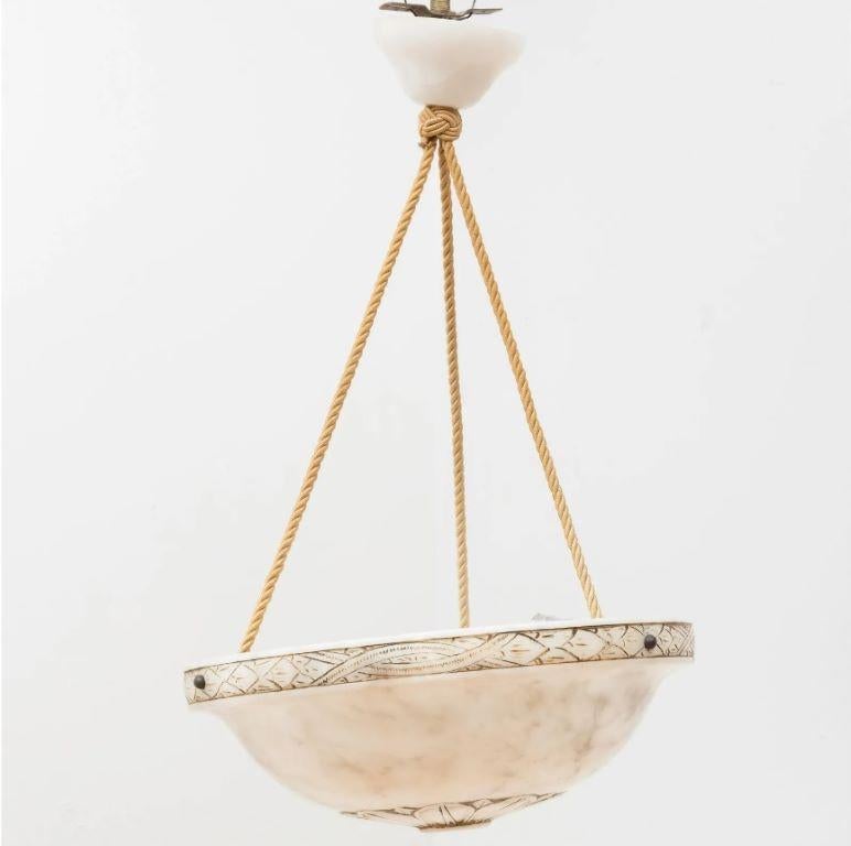 Carved Painted Alabaster Dish-Form Three-Light Chandelier For Sale