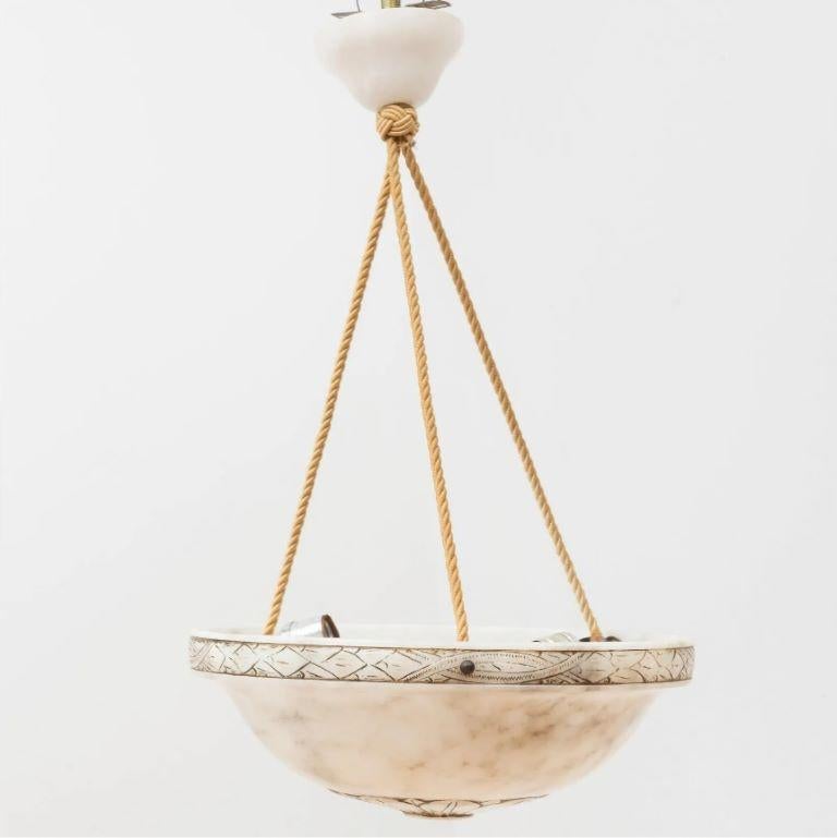 Painted Alabaster Dish-Form Three-Light Chandelier In Good Condition For Sale In Chicago, IL
