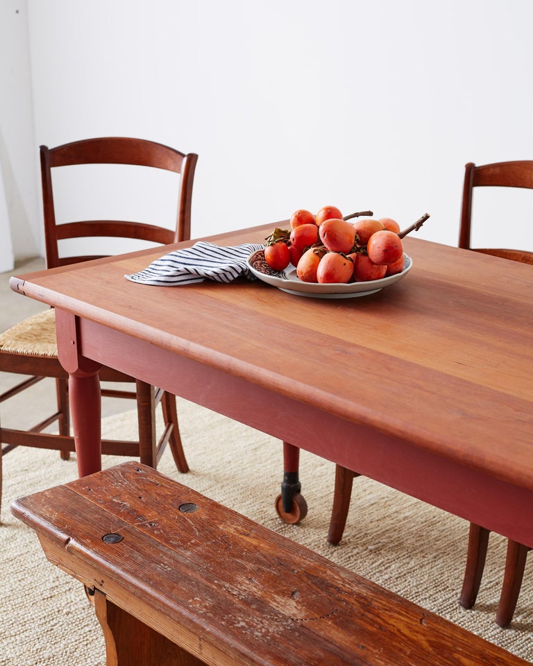 Painted American Farmhouse Style Dining Table On Casters Painted American Farmhouse Style Dining Table On Casters