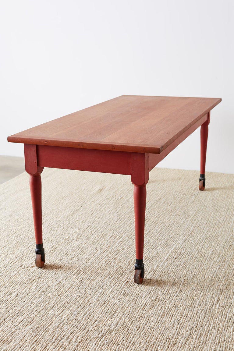 Painted American Farmhouse Style Dining Table On Casters