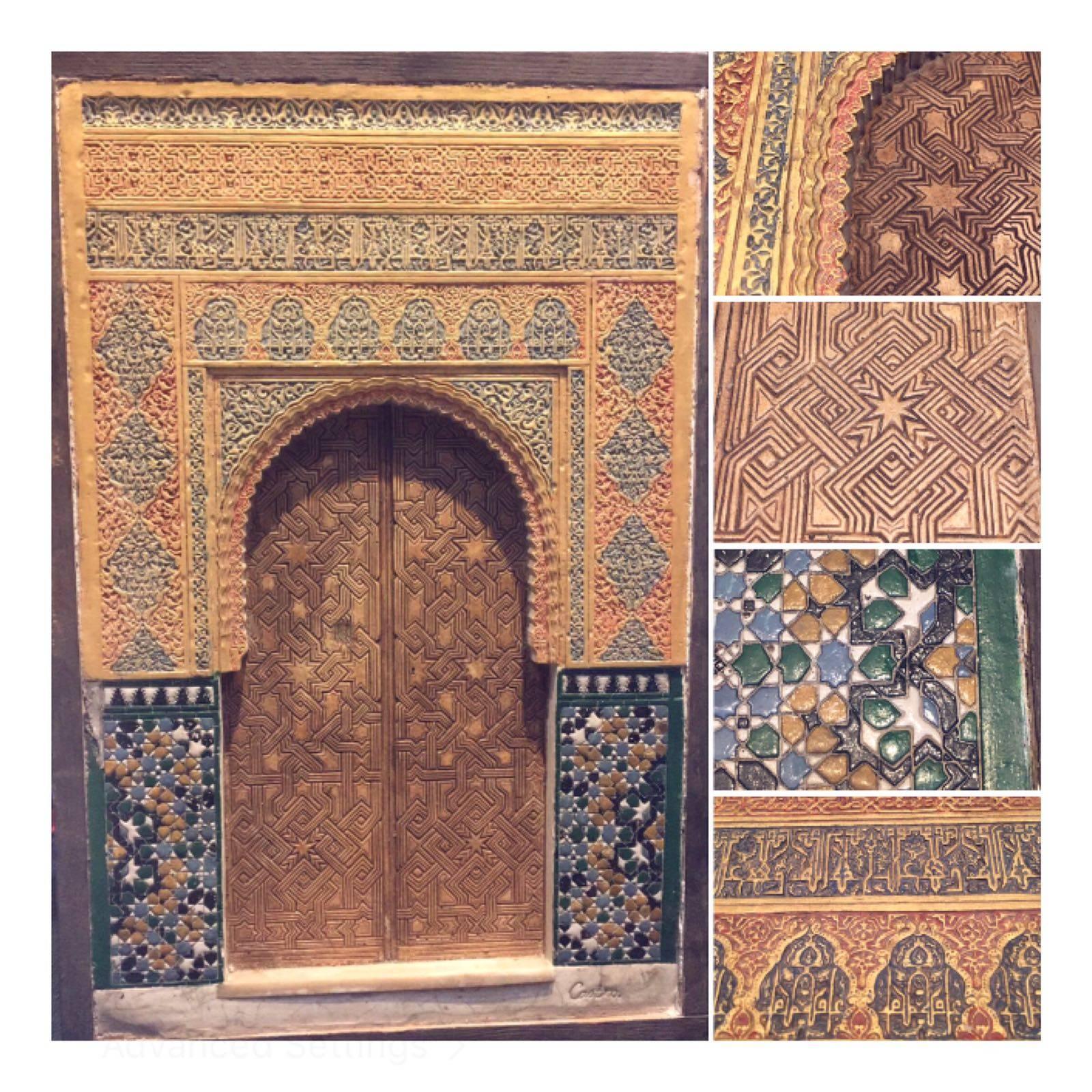 Painted and carved plaster plaque of the Alhambra, Granada, late 19th century by Diego Fernandez Castro; rectangular.