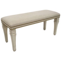 Painted and Carved Wood Bench Upholstered in Belgian Linen with Nailheads
