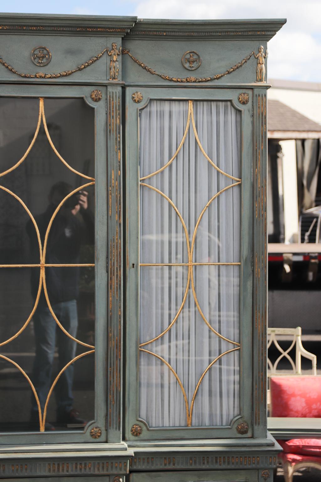 Glass Painted and Decorated Breakfront Cabinet by William Switzer
