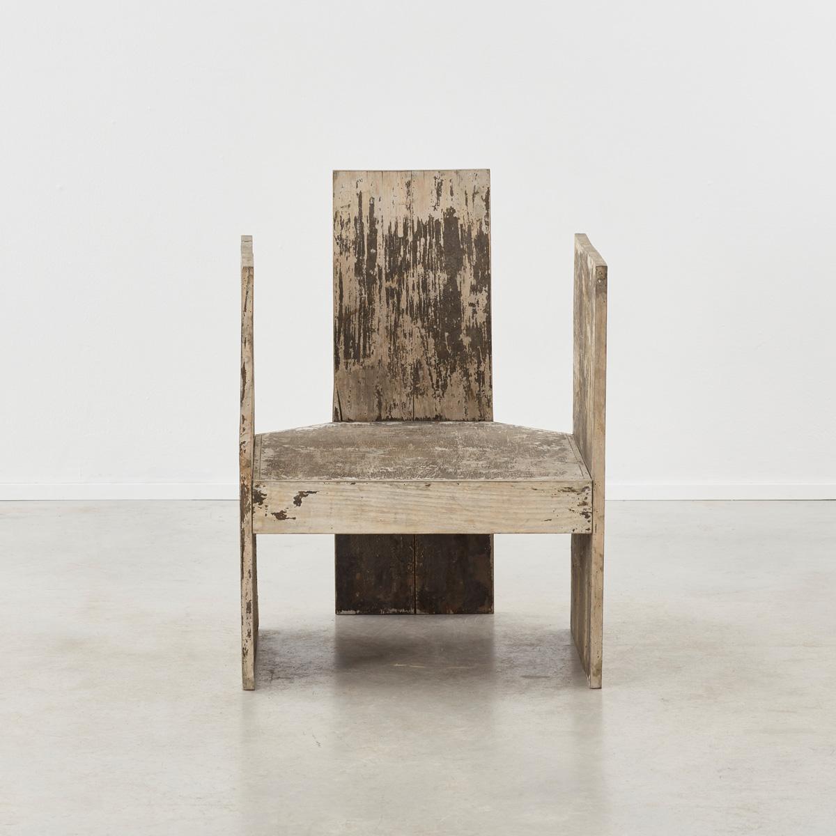 This wooden throne chairs possess a delightful rustic character. Layers of paint and distressing create a beautifully intricate surface. The throne chair holds a bold and Brutalist form. Providing a strong visual weight and sitting between being