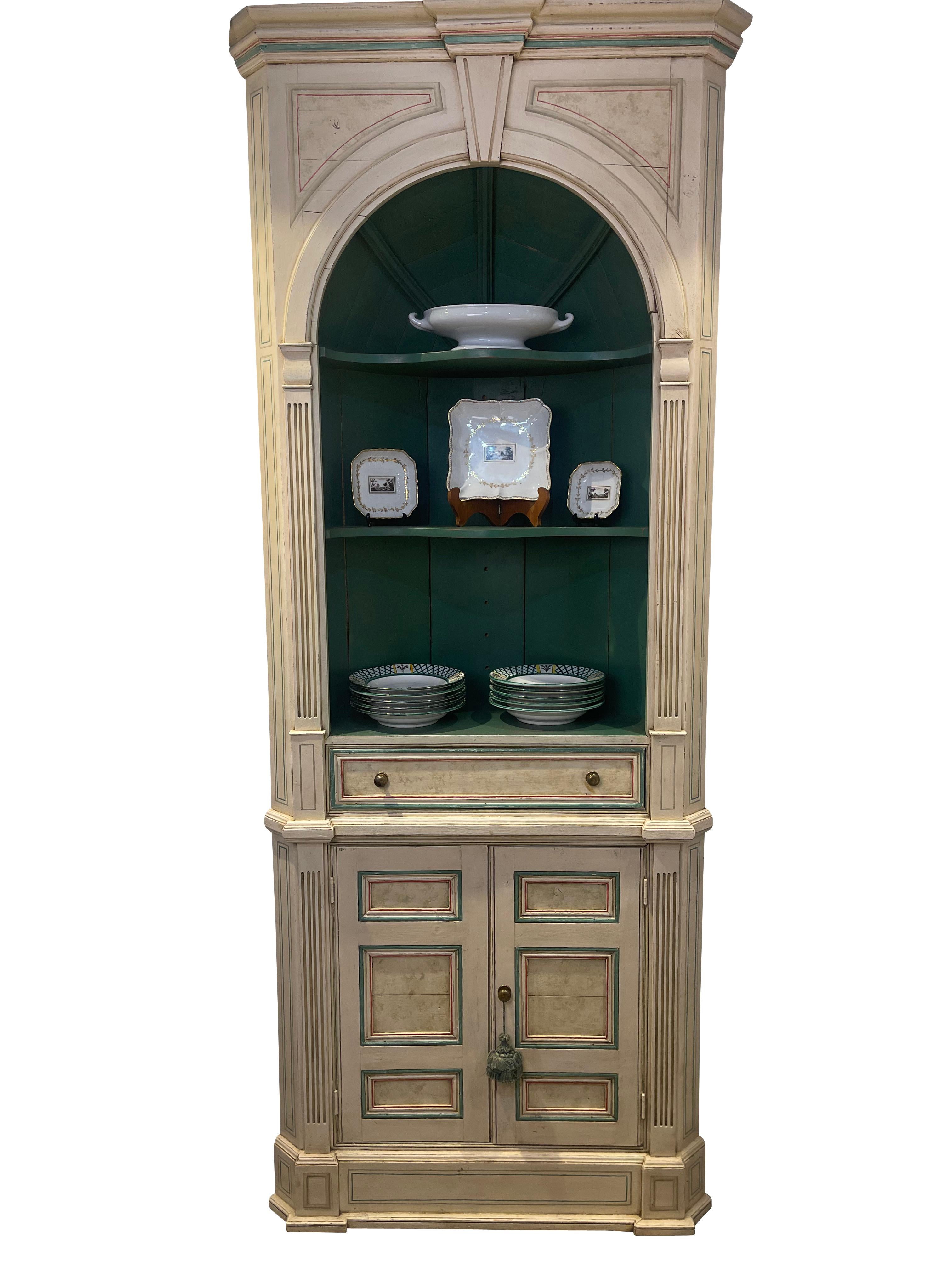Painted and Faux Marbleized Ivory and Green Corner Cupboard with Domed Interior For Sale 2