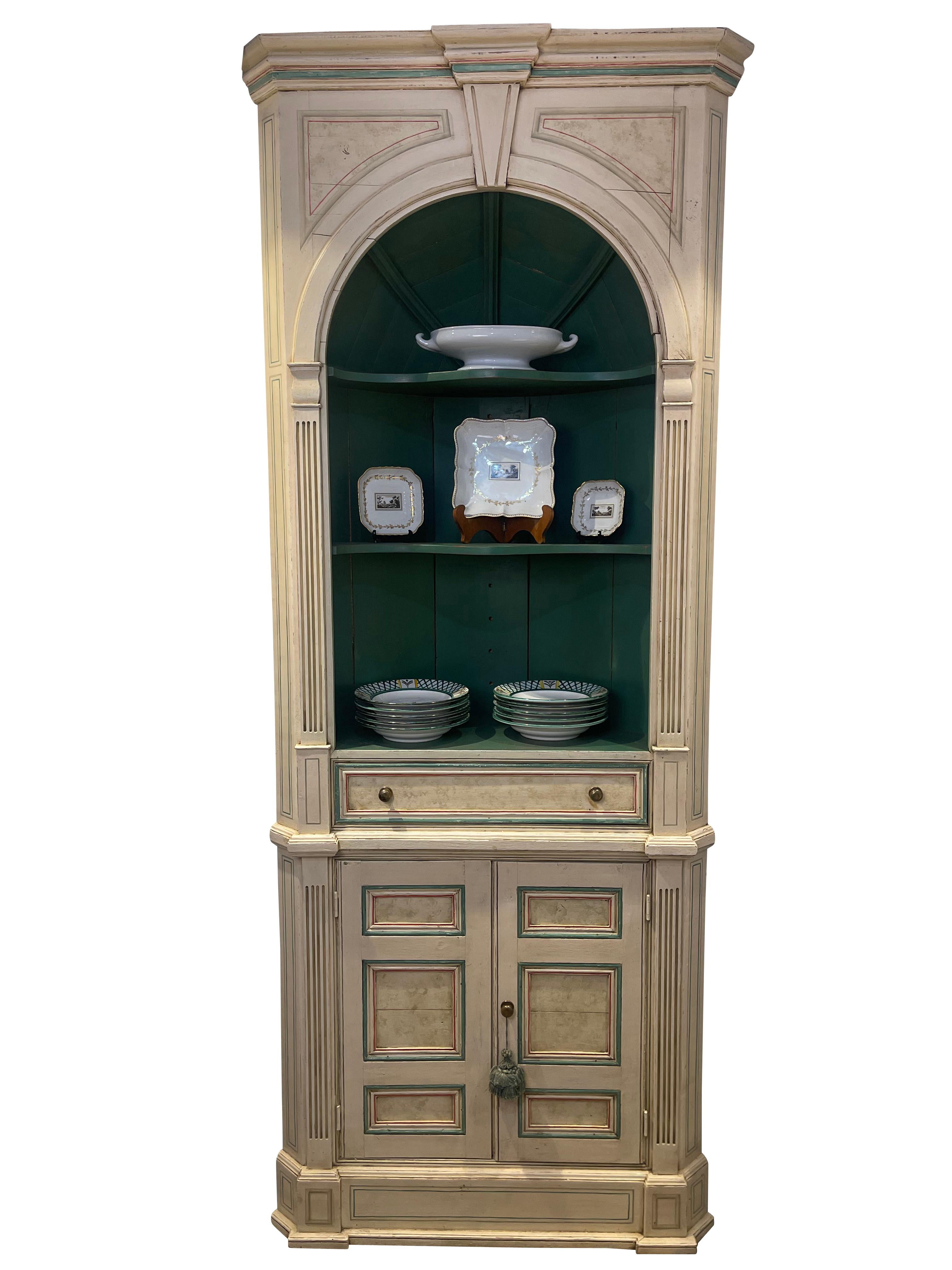 Painted and Faux Marbleized Ivory and Green Corner Cupboard with Domed Interior For Sale 1