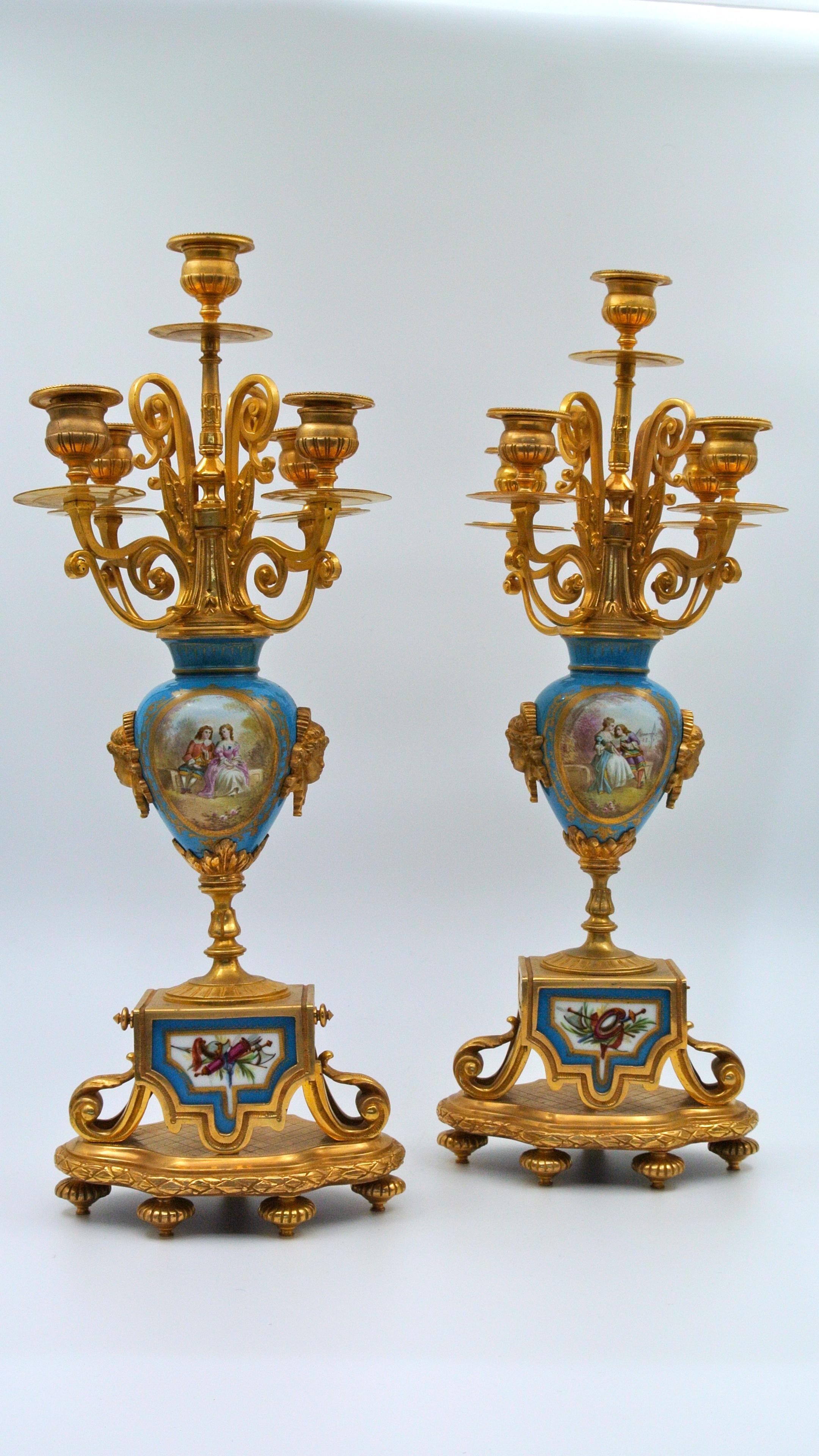 Napoleon III Painted and Gilded Bronze Porcelain Mantel Set