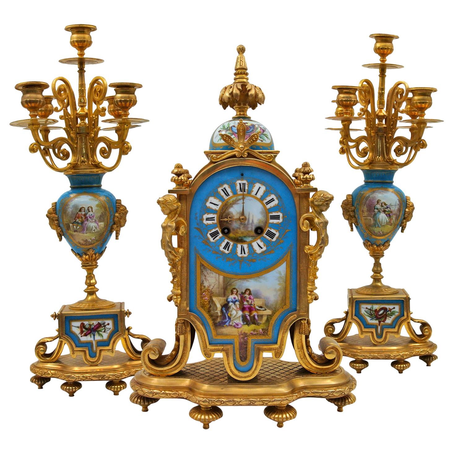 Painted and Gilded Bronze Porcelain Mantel Set
