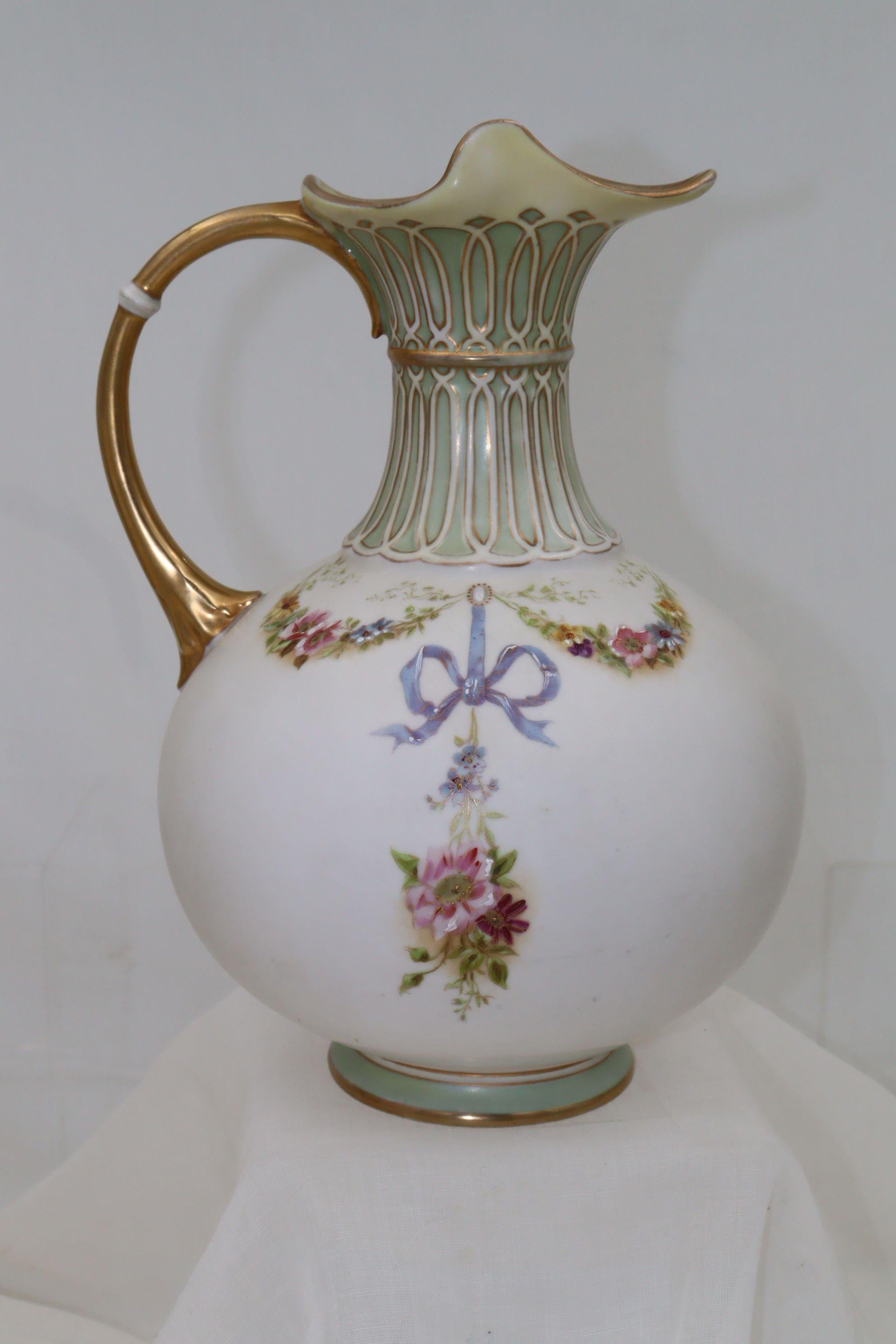 Austrian Painted and gilded parian pitcher For Sale