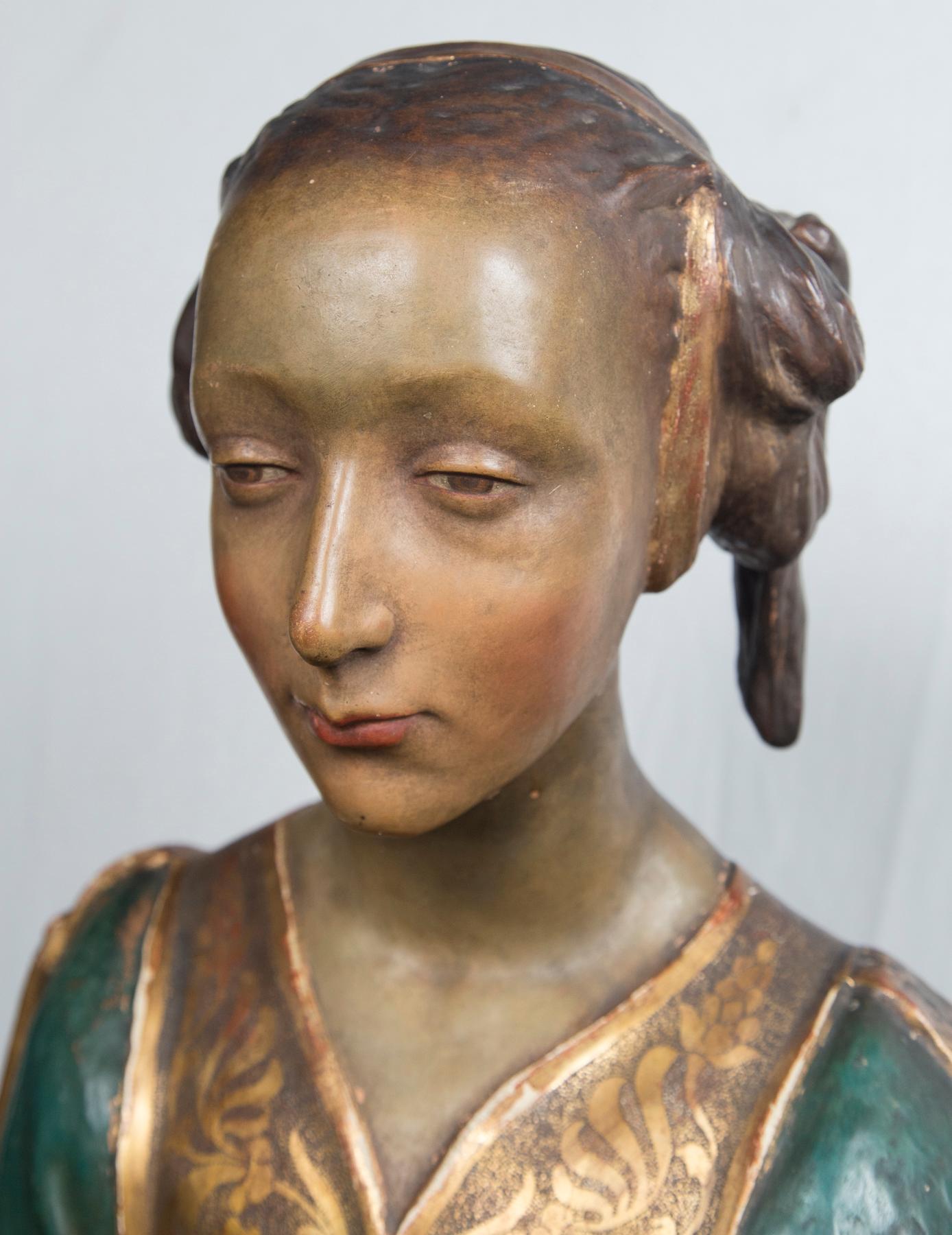 Hand-Crafted Painted and Gilded Terra Cotta Bust of a Young Woman For Sale