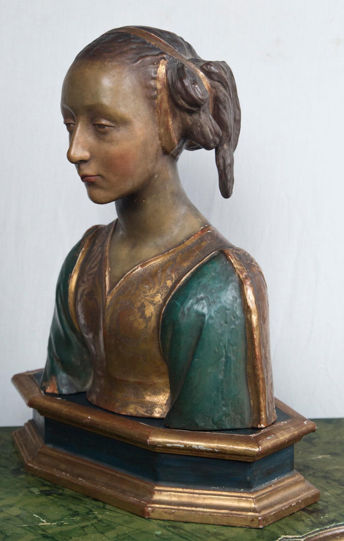 Painted and Gilded Terra Cotta Bust of a Young Woman In Good Condition For Sale In Woodbury, CT
