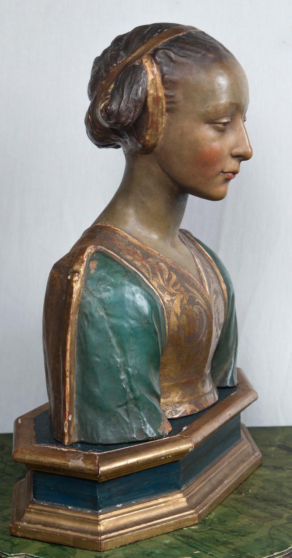 19th Century Painted and Gilded Terra Cotta Bust of a Young Woman For Sale