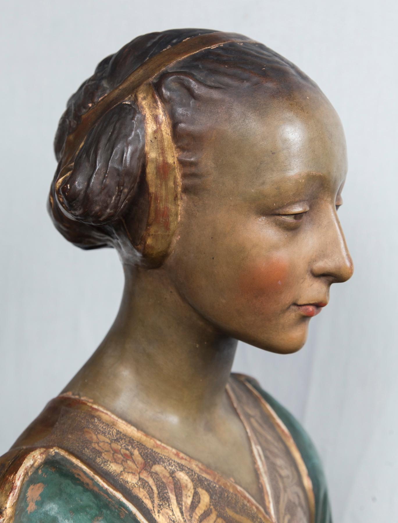 Terracotta Painted and Gilded Terra Cotta Bust of a Young Woman For Sale