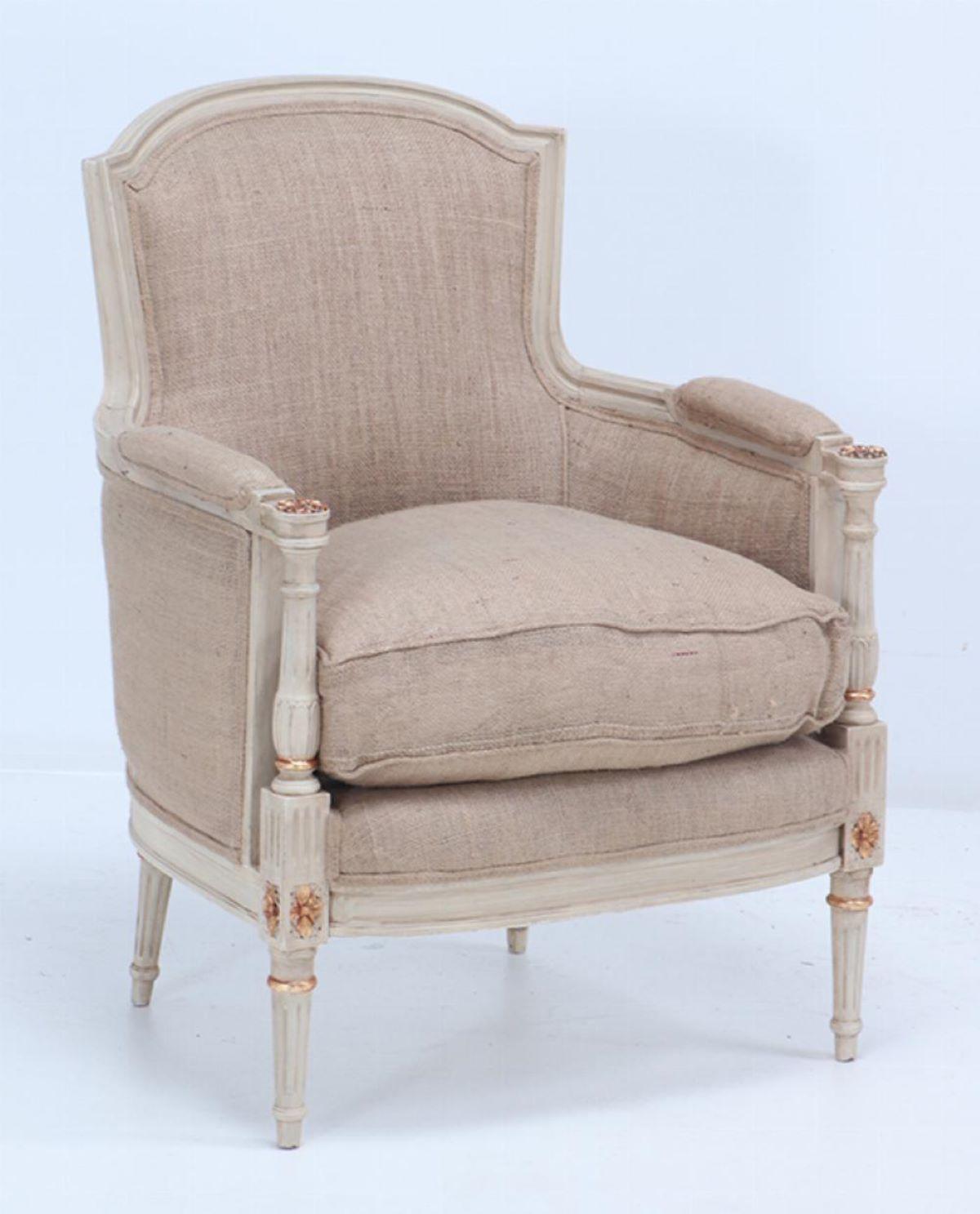 Painted and gilt Louis XVI style bergere chairs circa 1950 with recent burlap fabric.