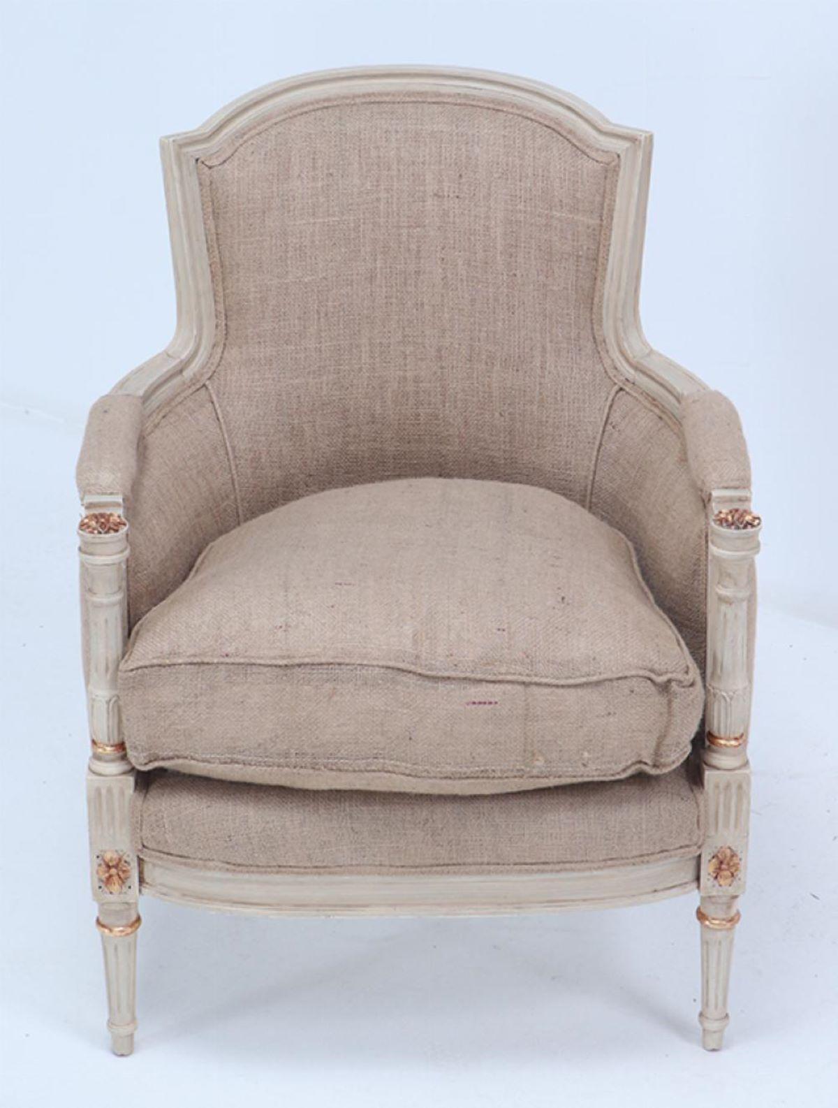 Gilt Painted and gilt Louis XVI style bergere chairs circa 1950. For Sale