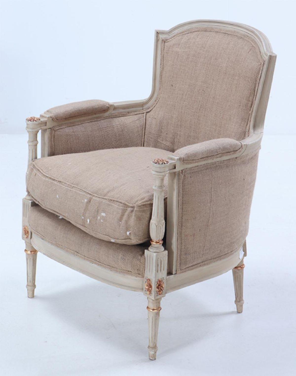 20th Century Painted and gilt Louis XVI style bergere chairs circa 1950. For Sale