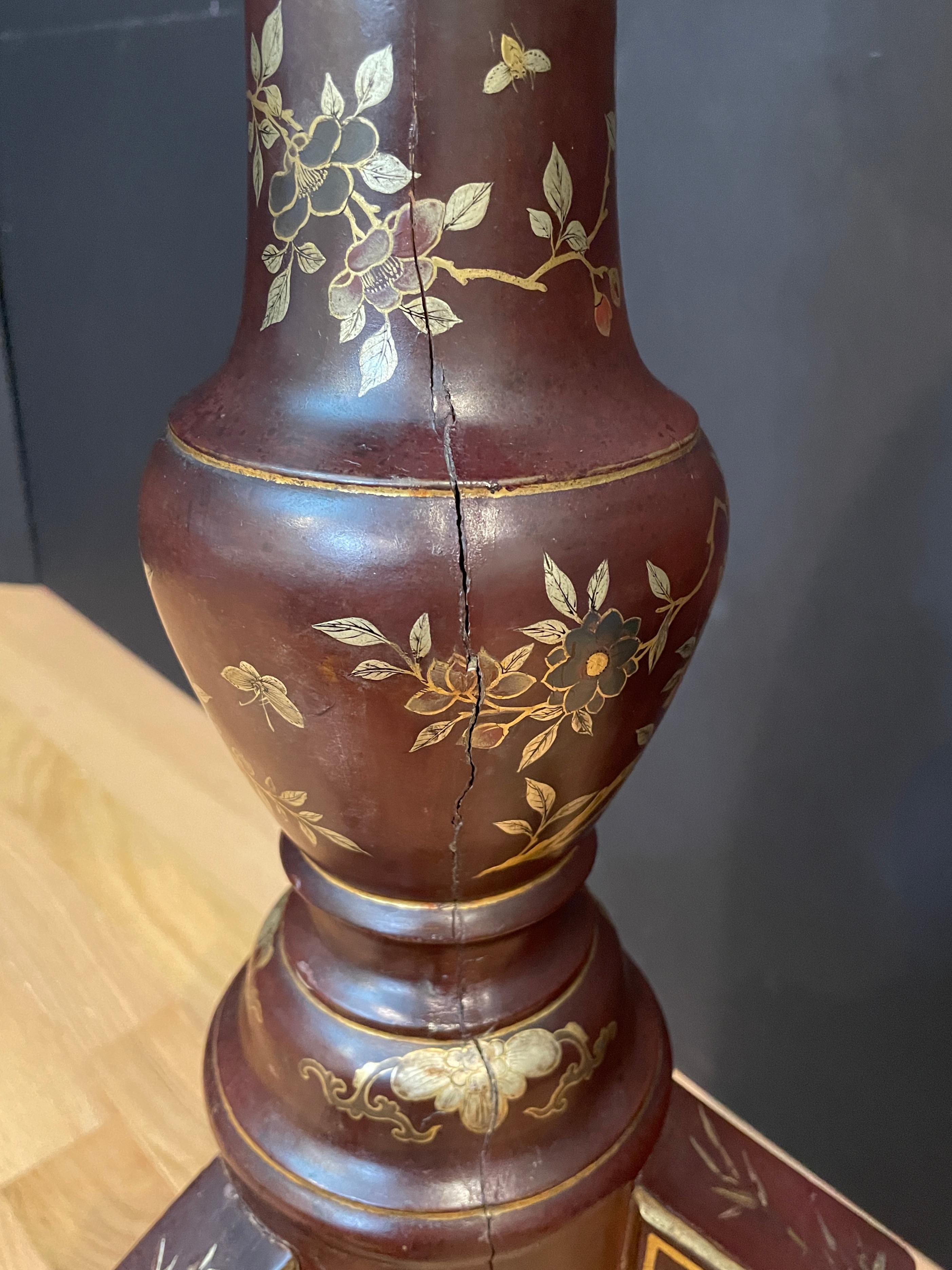 Red Painted and Gilt Plant Stand With Asian Influence In Good Condition For Sale In Norwood, NJ