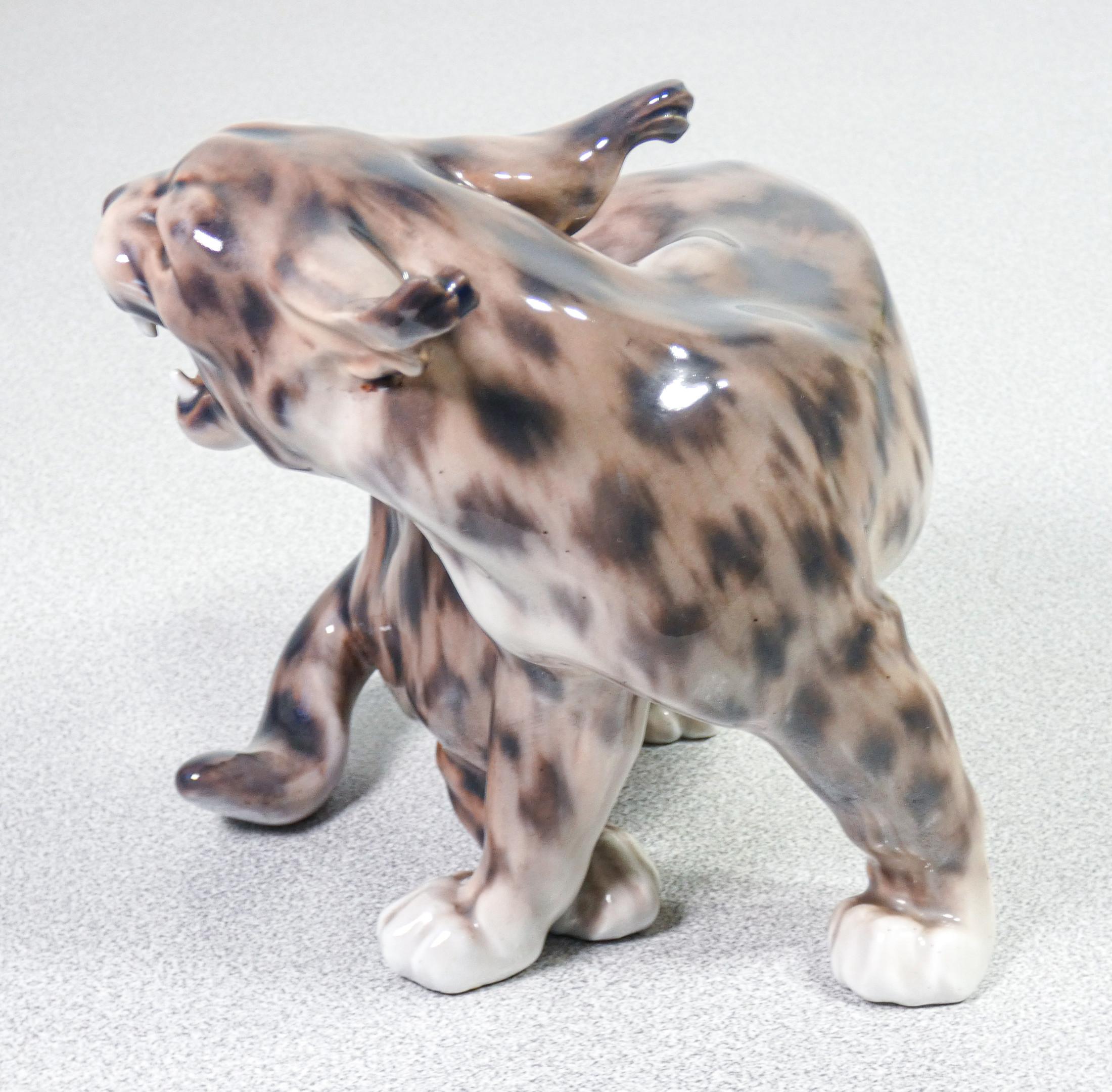 Painted and Glazed Porcelain Sculpture by Jens Peter Dahl-Jensen Roaring Lynx 4