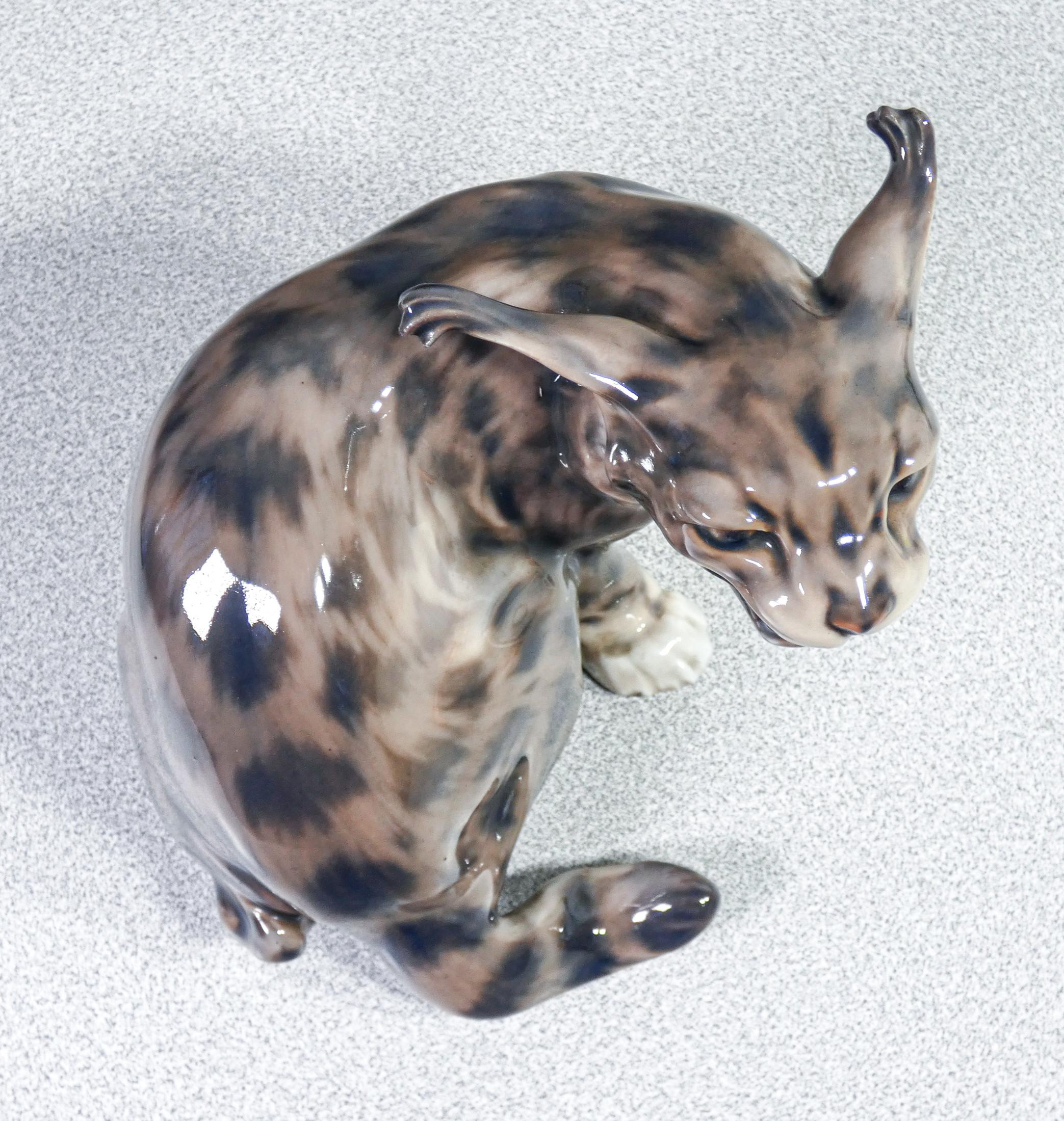 Painted and Glazed Porcelain Sculpture by Jens Peter Dahl-Jensen Roaring Lynx 5