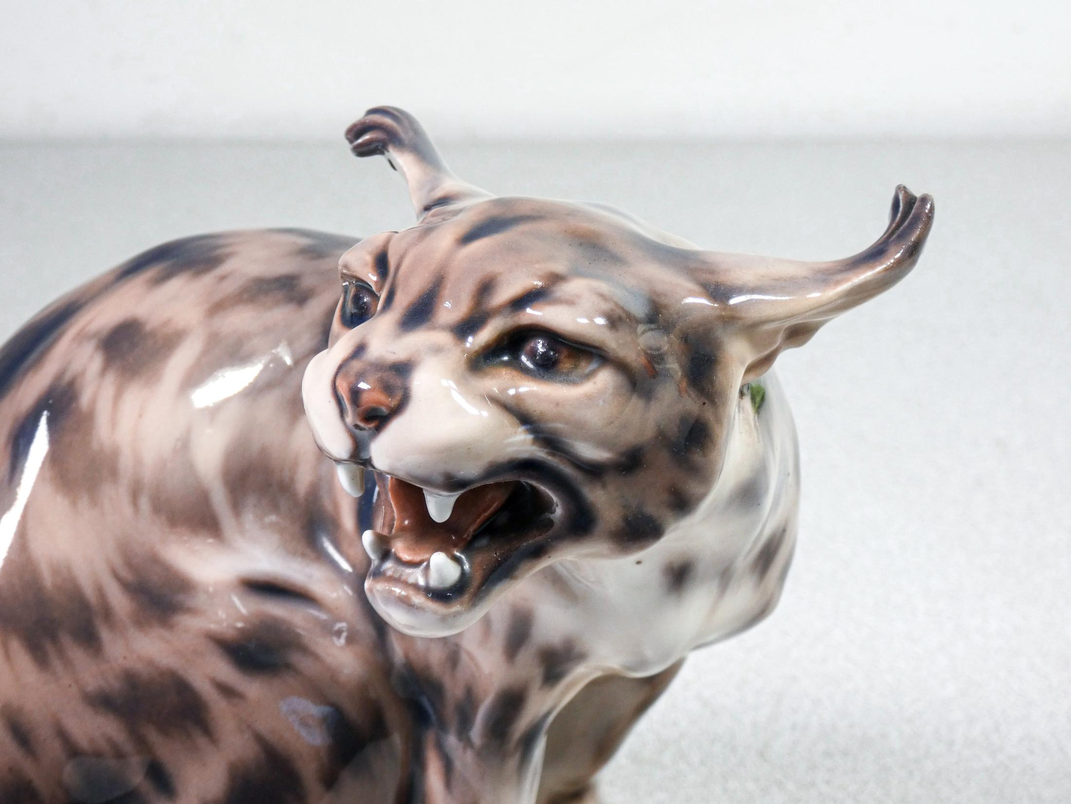 Danish Painted and Glazed Porcelain Sculpture by Jens Peter Dahl-Jensen Roaring Lynx