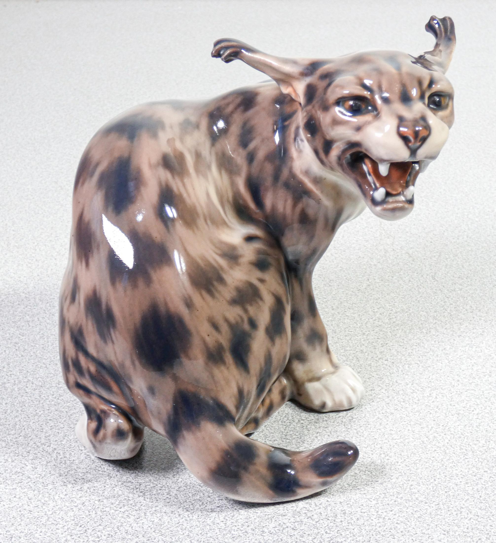 20th Century Painted and Glazed Porcelain Sculpture by Jens Peter Dahl-Jensen Roaring Lynx