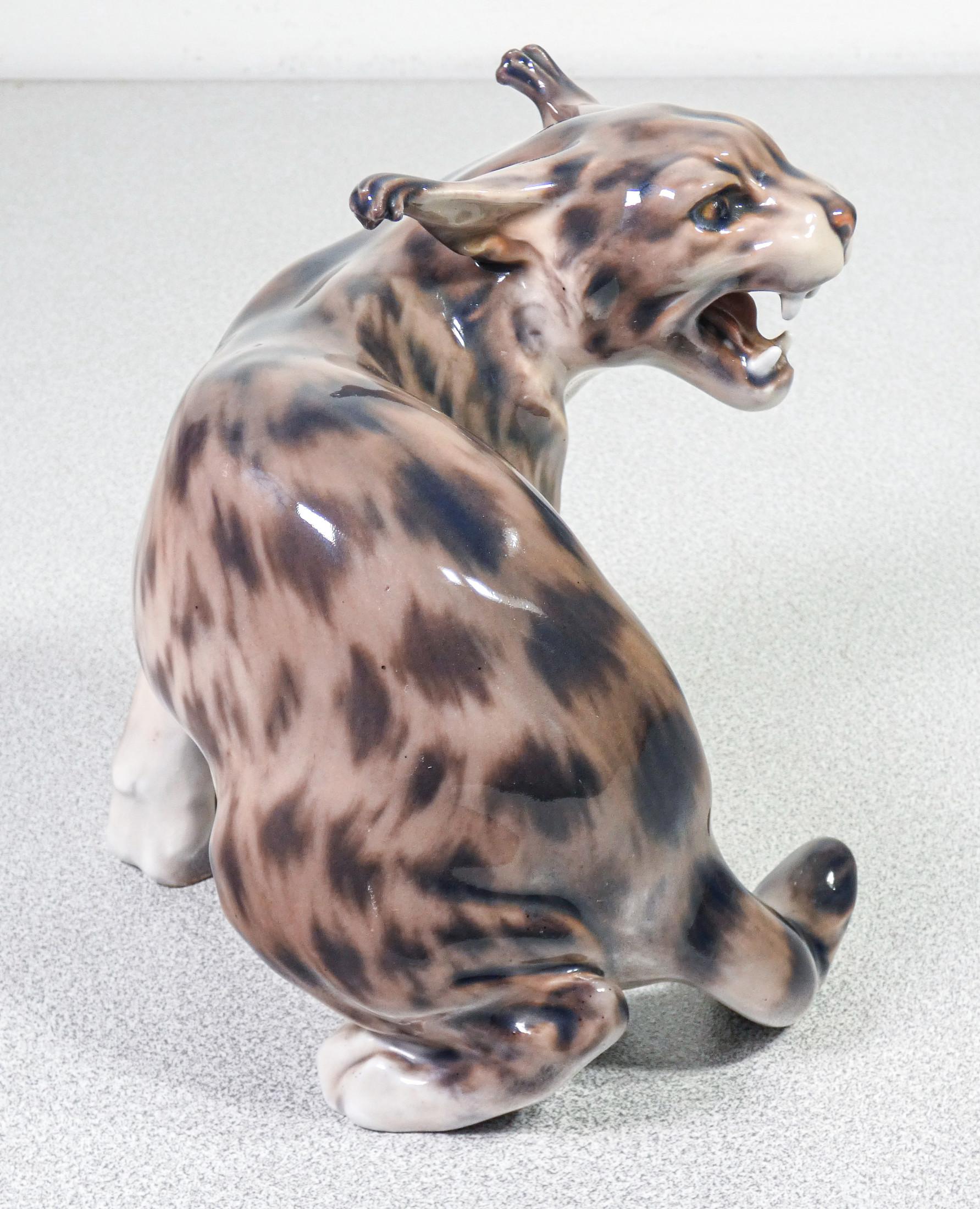 Ceramic Painted and Glazed Porcelain Sculpture by Jens Peter Dahl-Jensen Roaring Lynx