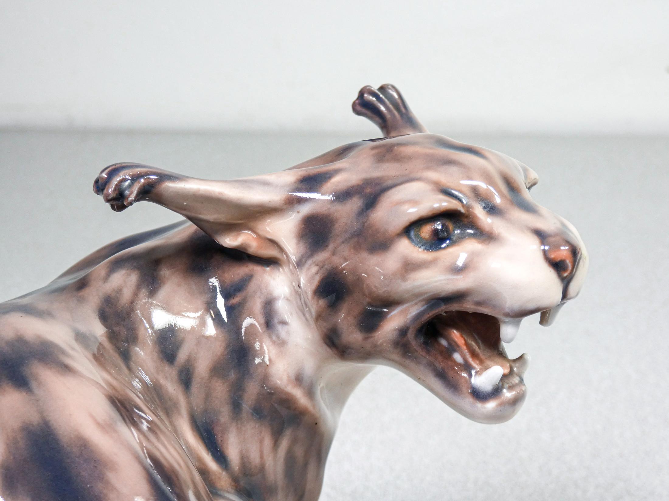 Painted and Glazed Porcelain Sculpture by Jens Peter Dahl-Jensen Roaring Lynx 1