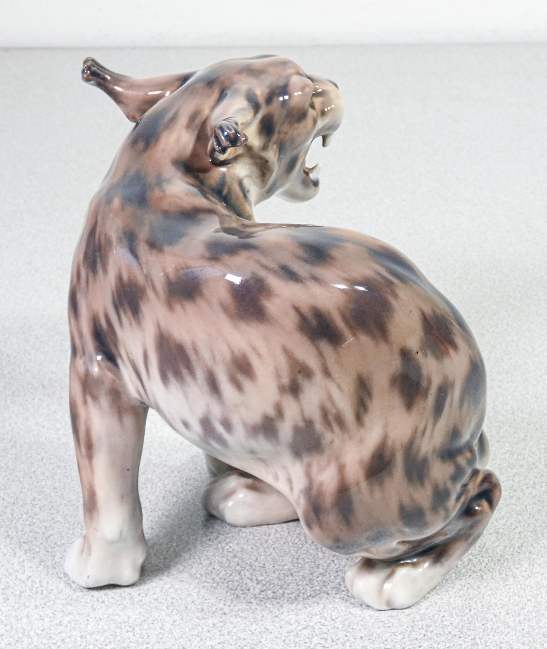 Painted and Glazed Porcelain Sculpture by Jens Peter Dahl-Jensen Roaring Lynx 2