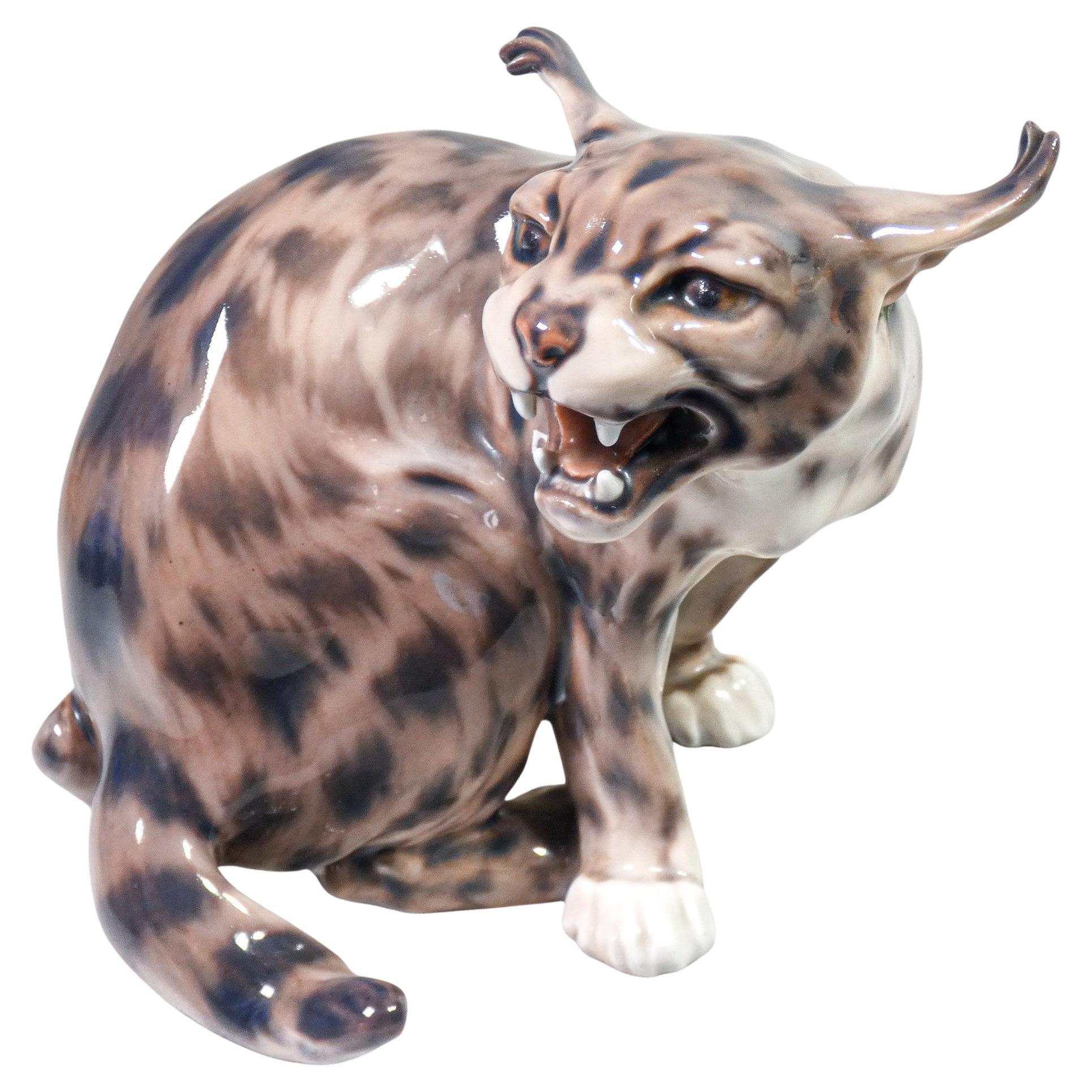 Painted and Glazed Porcelain Sculpture by Jens Peter Dahl-Jensen Roaring Lynx