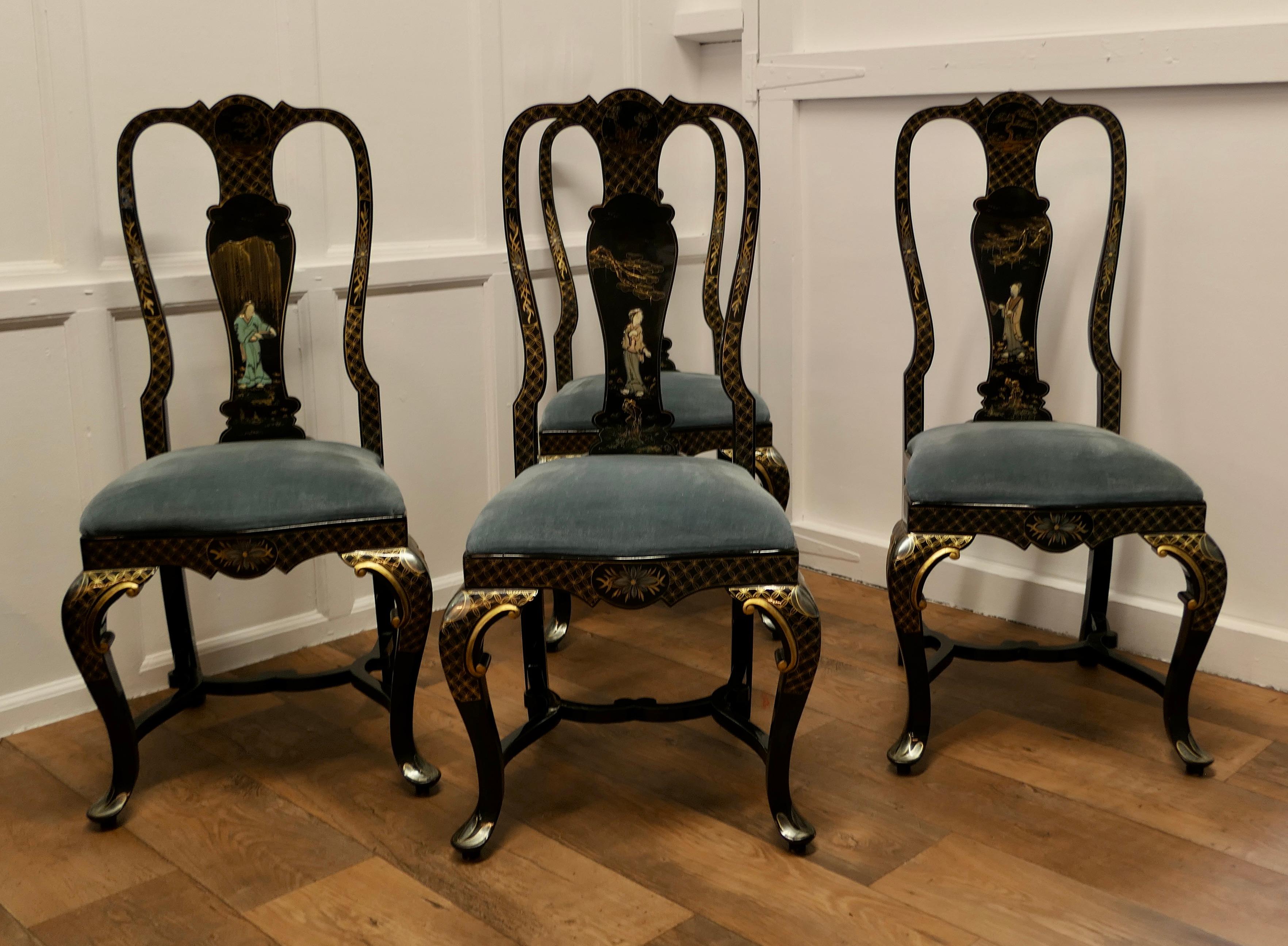 Painted and Lacquered Chinoiserie Dining Chairs

A lovely looking set of Four
The chairs are a classic design they have a solid Back Splat, they are lacquered in the Japanese style with a different character on each and are roomy and comfortable.