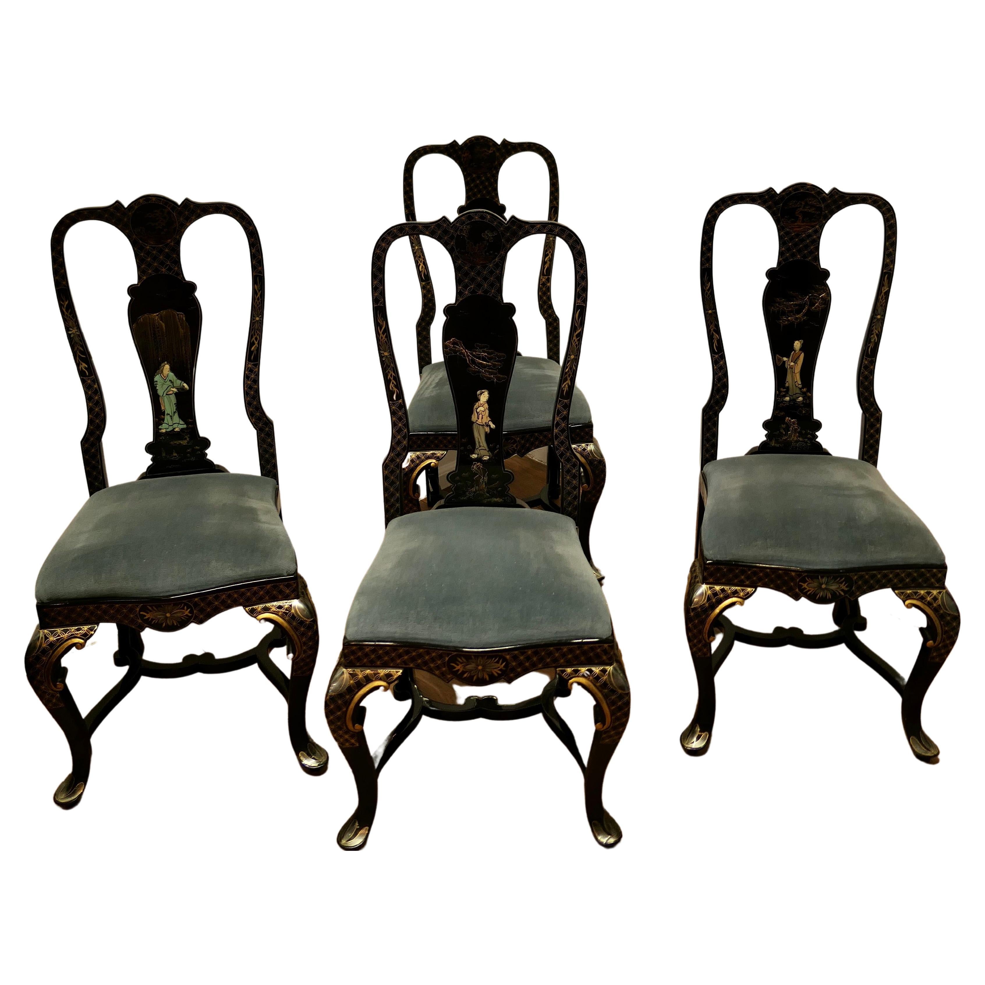 Painted and Lacquered Chinoiserie Dining Chairs a Lovely Looking Set of Four 