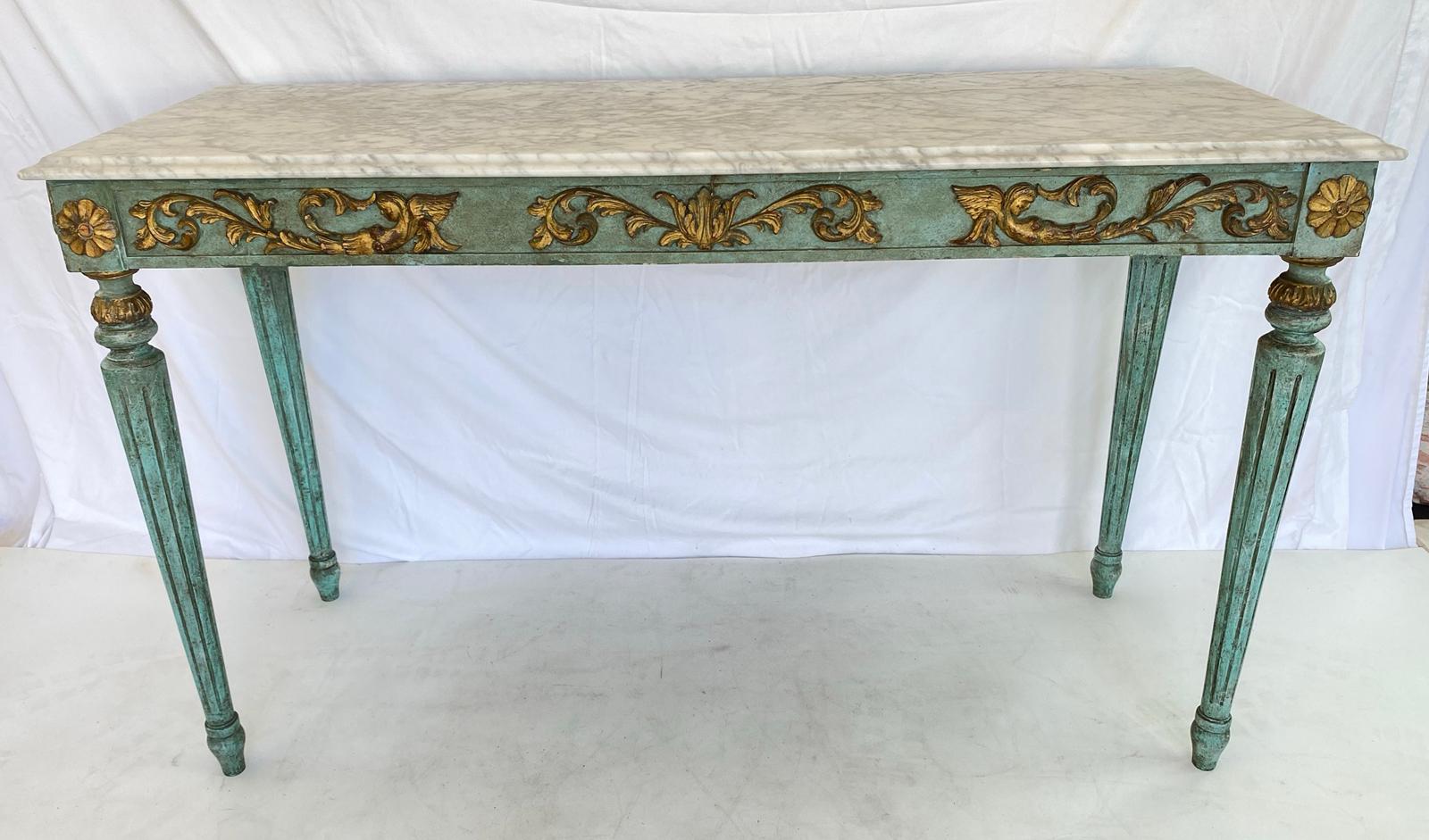 Painted and Parcel Gilt Louis XVI Style Console with Carrara Marble Top 5