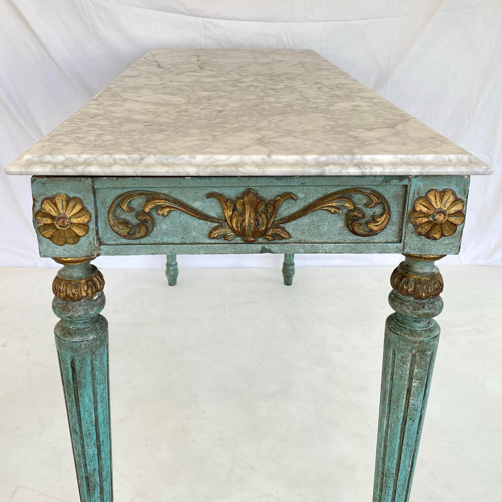 Italian Painted and Parcel Gilt Louis XVI Style Console with Carrara Marble Top