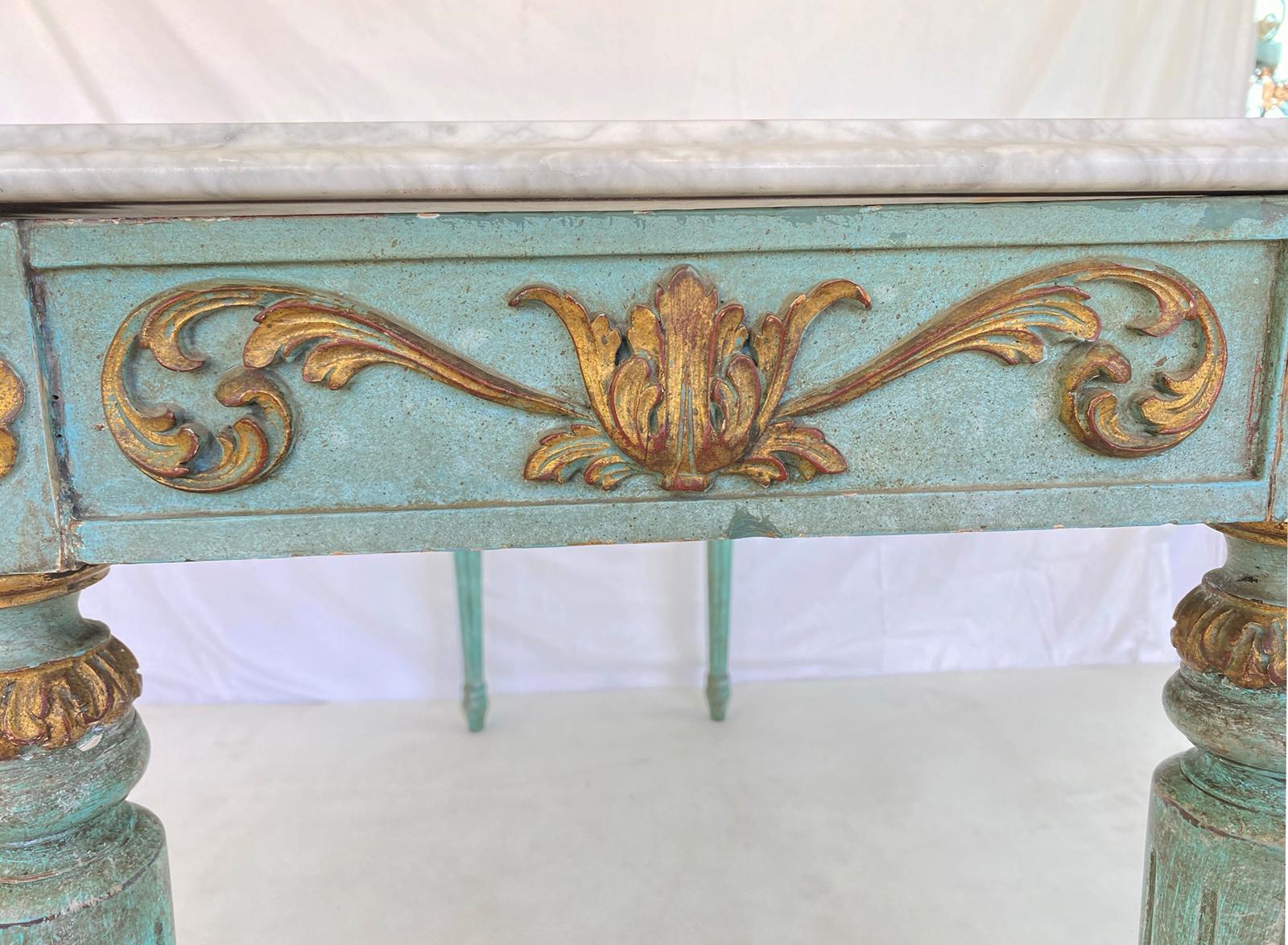 Painted and Parcel Gilt Louis XVI Style Console with Carrara Marble Top In Good Condition In West Palm Beach, FL
