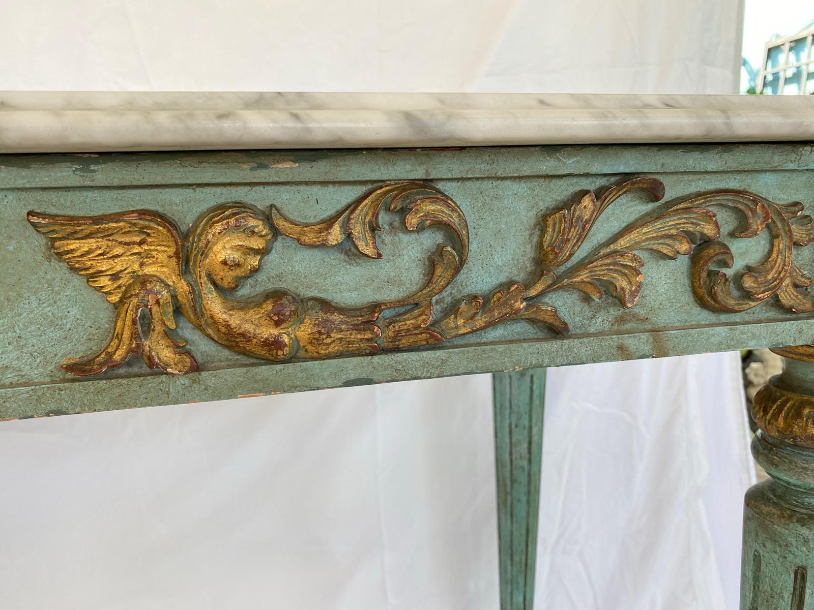 Painted and Parcel Gilt Louis XVI Style Console with Carrara Marble Top 1