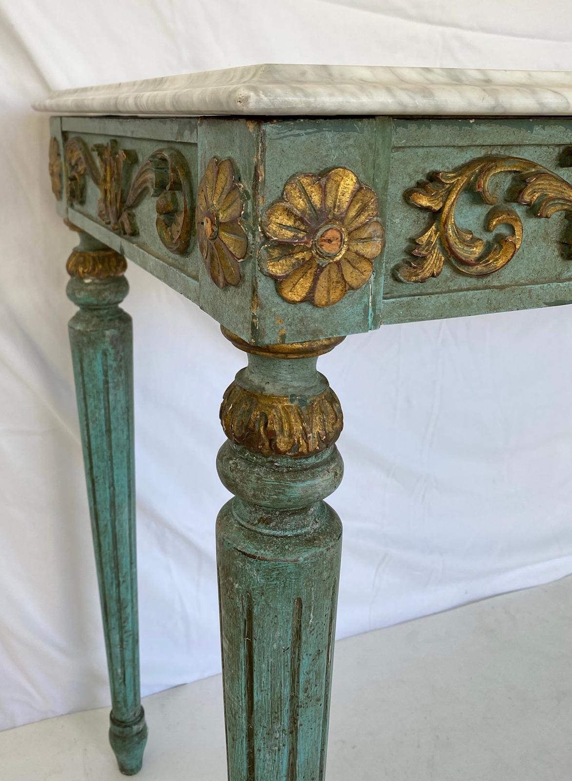 Painted and Parcel Gilt Louis XVI Style Console with Carrara Marble Top 3