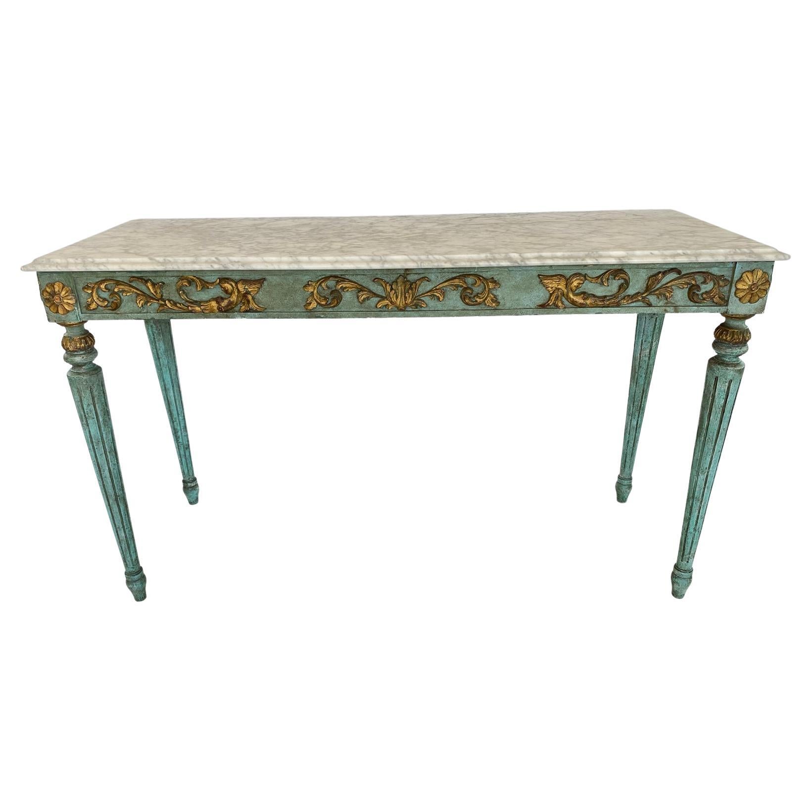 Painted and Parcel Gilt Louis XVI Style Console with Carrara Marble Top