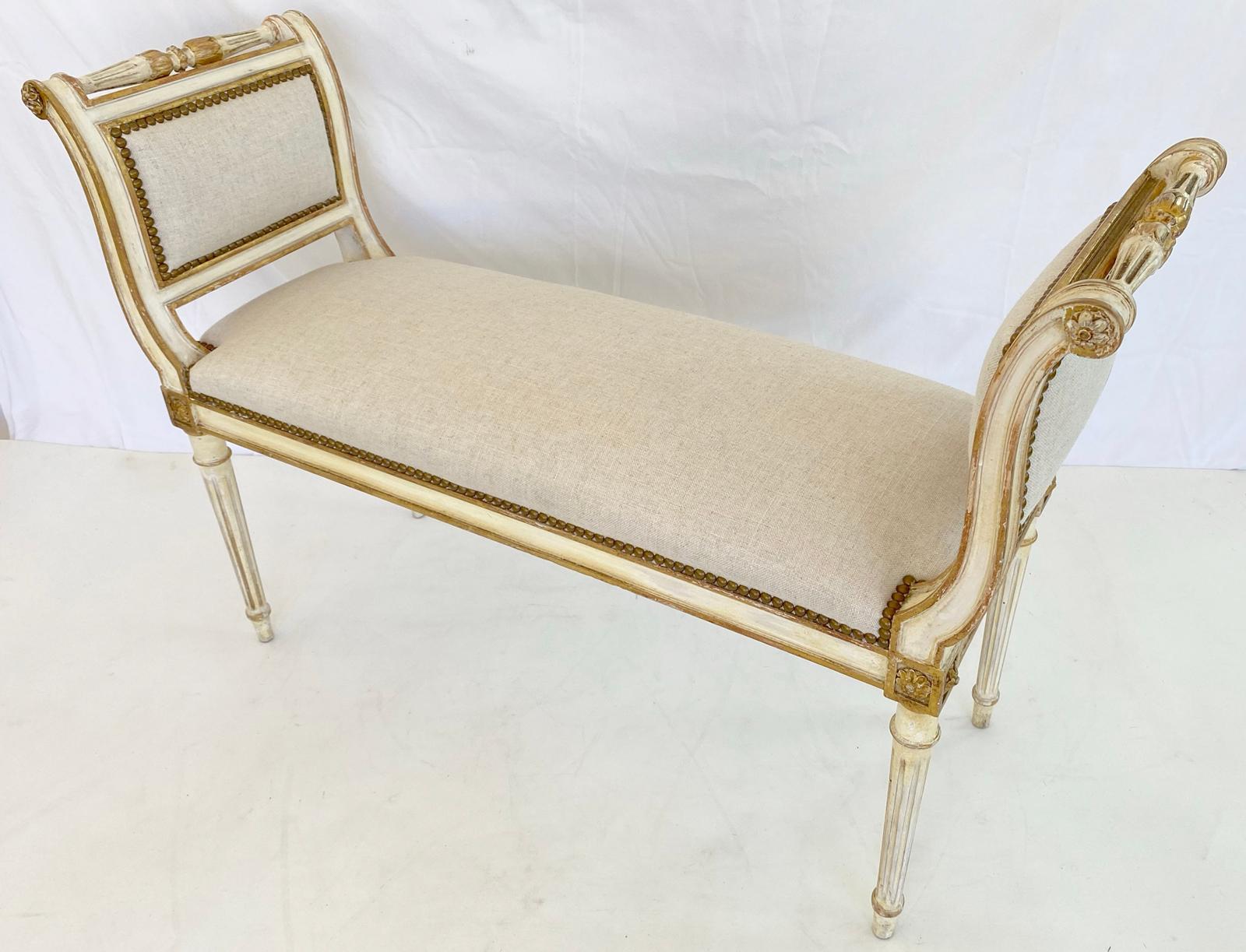 Upholstery Painted and Parcel Gilt Louis XVI Style Window Seat Bench For Sale