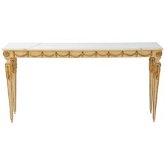 Painted and Parcel Gilt Narrow Italian Console with Marble Top