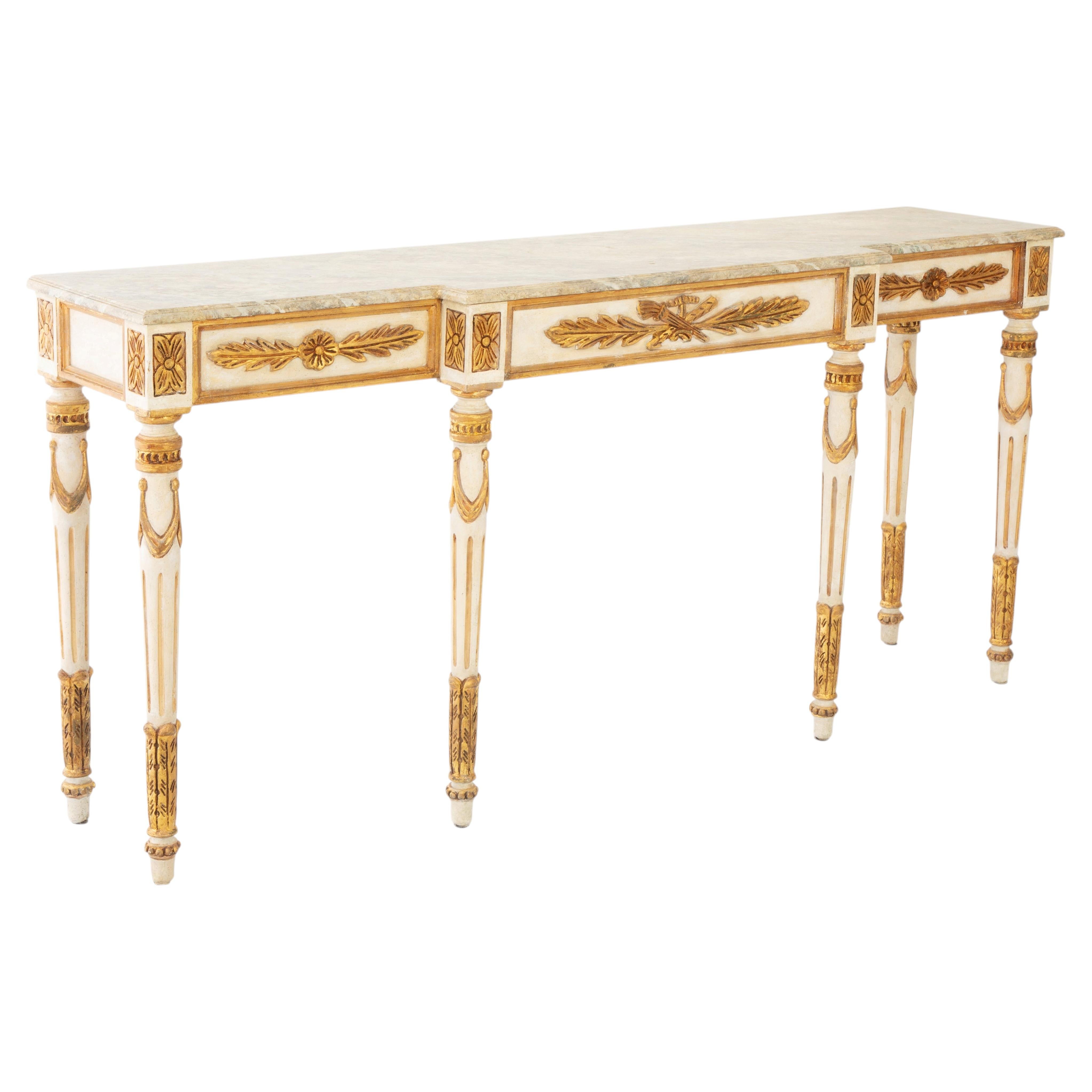 Painted and Parcel Gilt Neoclassical Console Table with Faux Marble Top