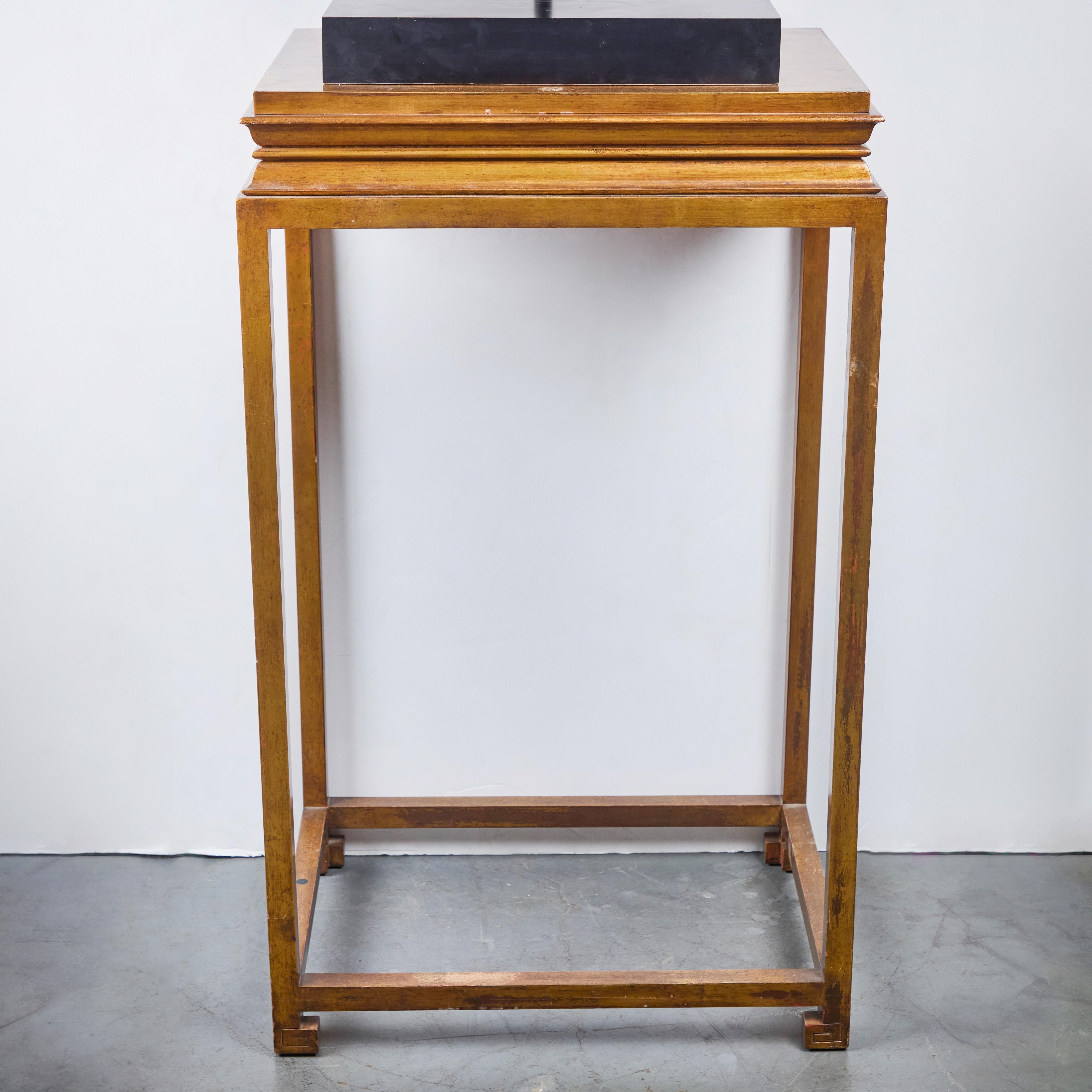 Painted and Parcel Gilt Seated Buddha with Presentation Stand In Good Condition For Sale In Los Angeles, CA