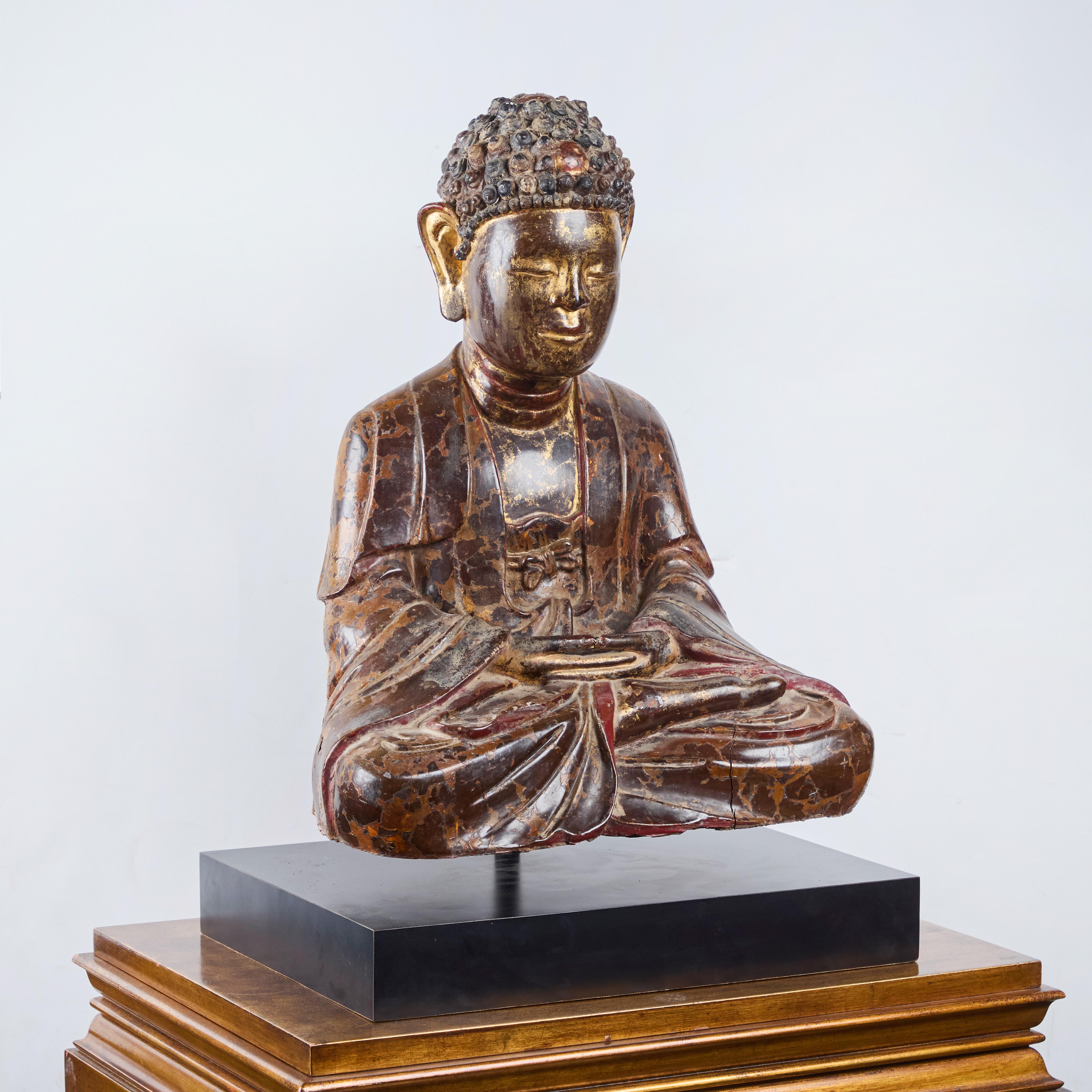 Giltwood Painted and Parcel Gilt Seated Buddha with Presentation Stand For Sale