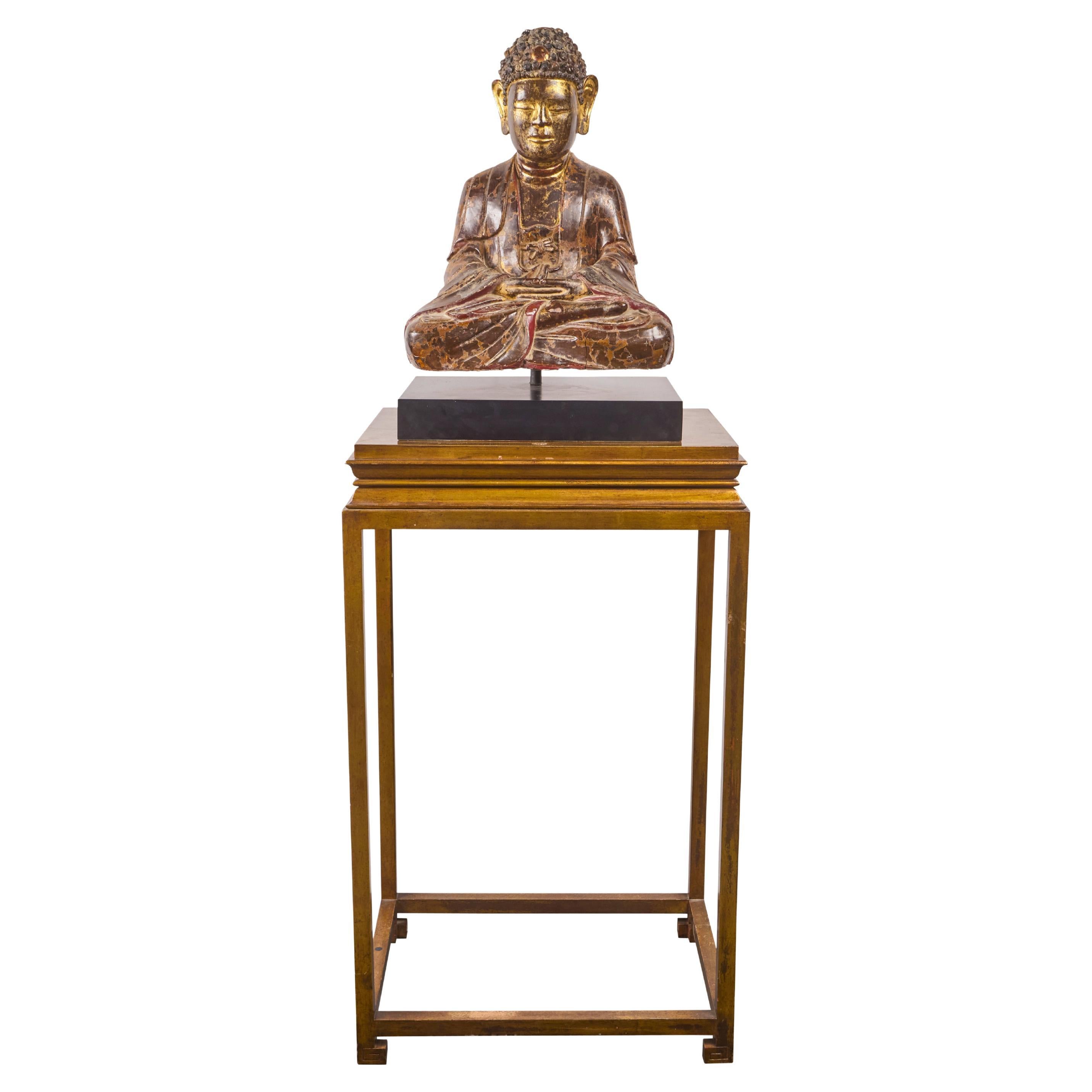 Painted and Parcel Gilt Seated Buddha with Presentation Stand For Sale