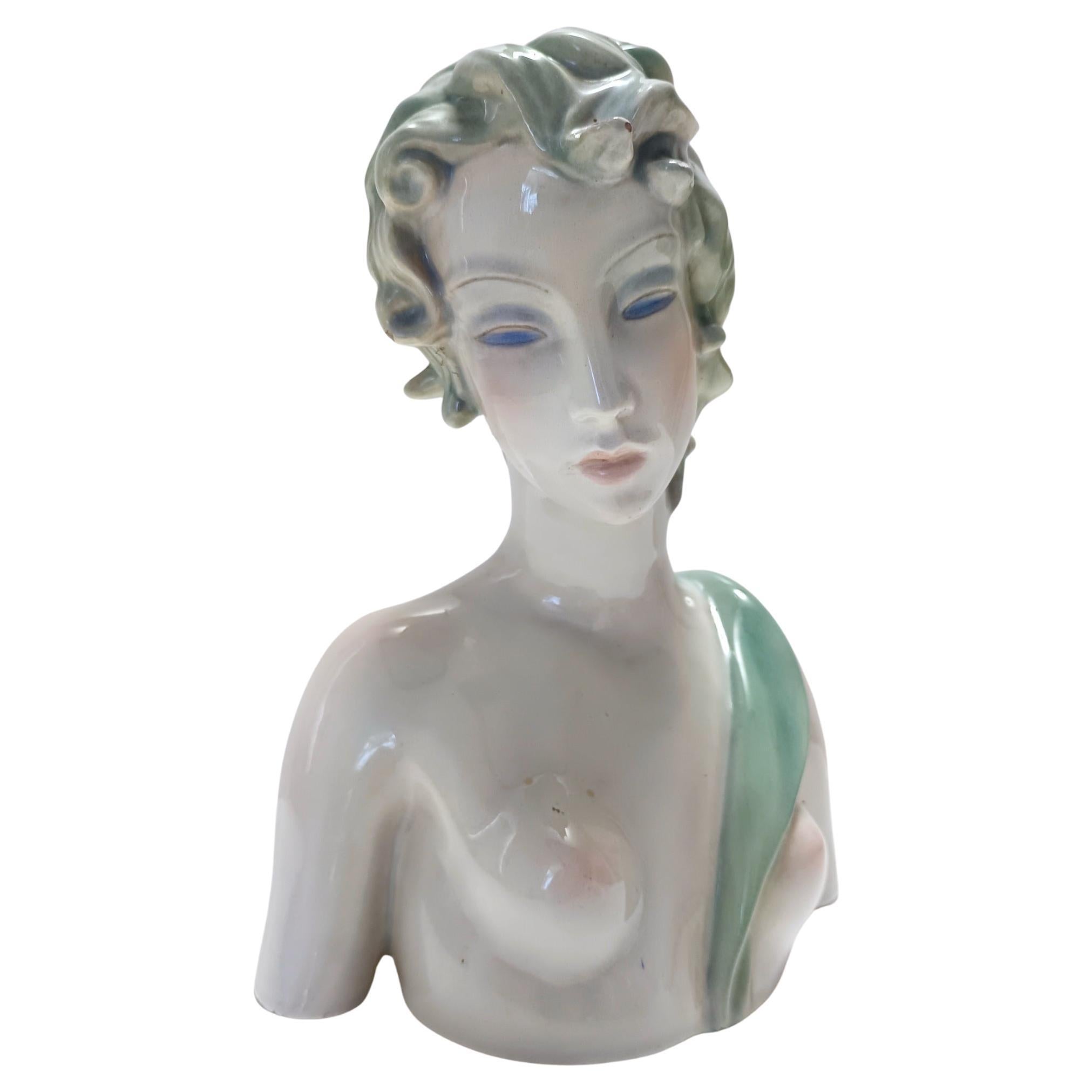 Buste de femme en céramique peinte et polie par Clelia Bertetti, Italie