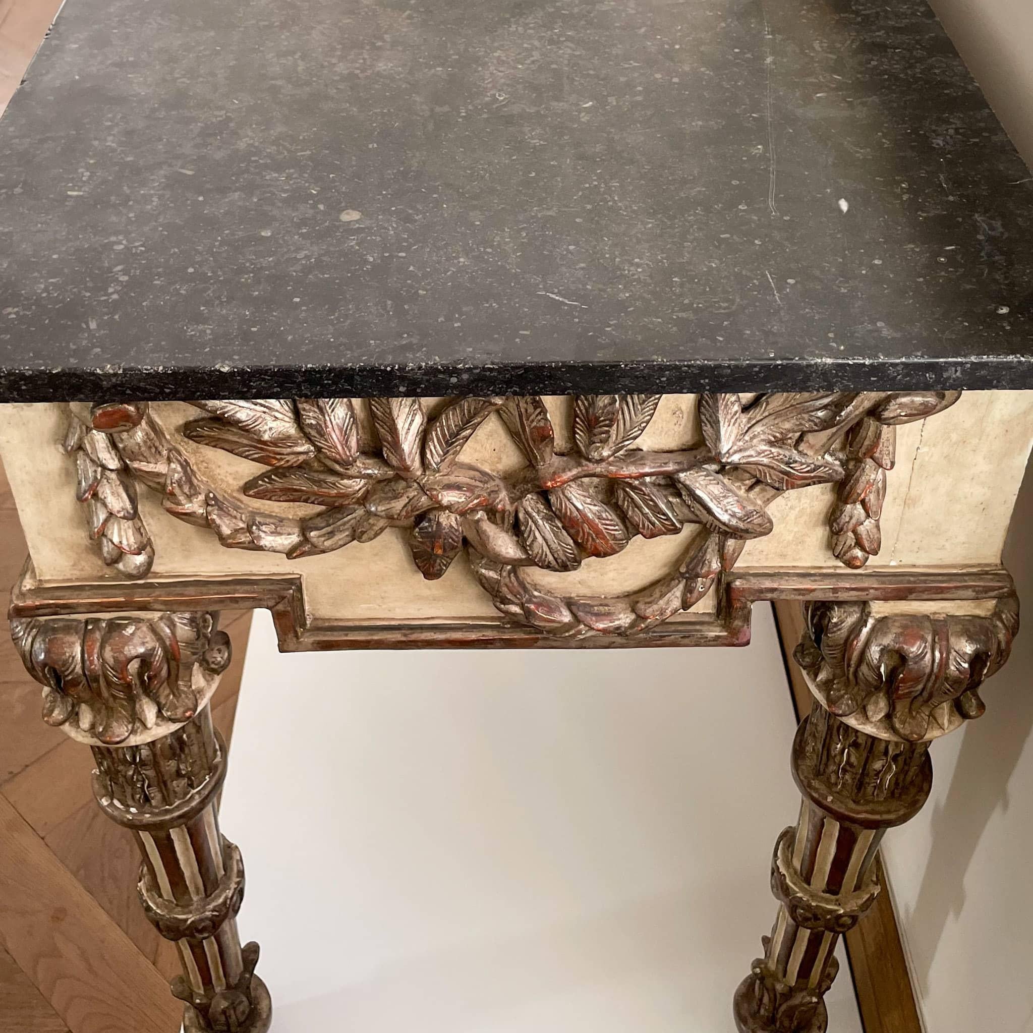 Painted and Silver patinated Console Table with Marble Top, Italian circa 1790 For Sale 8