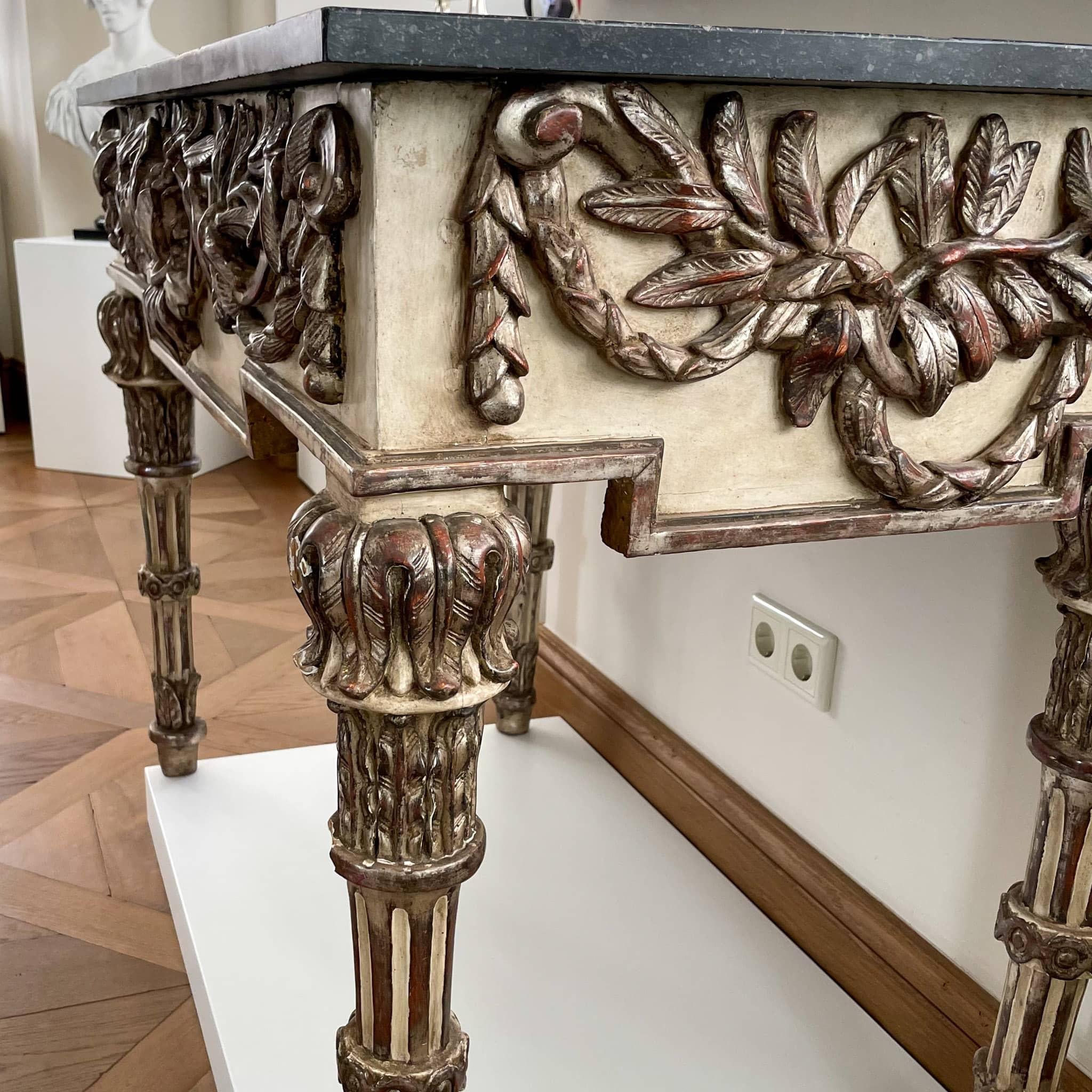 Painted and Silver patinated Console Table with Marble Top, Italian circa 1790 For Sale 9